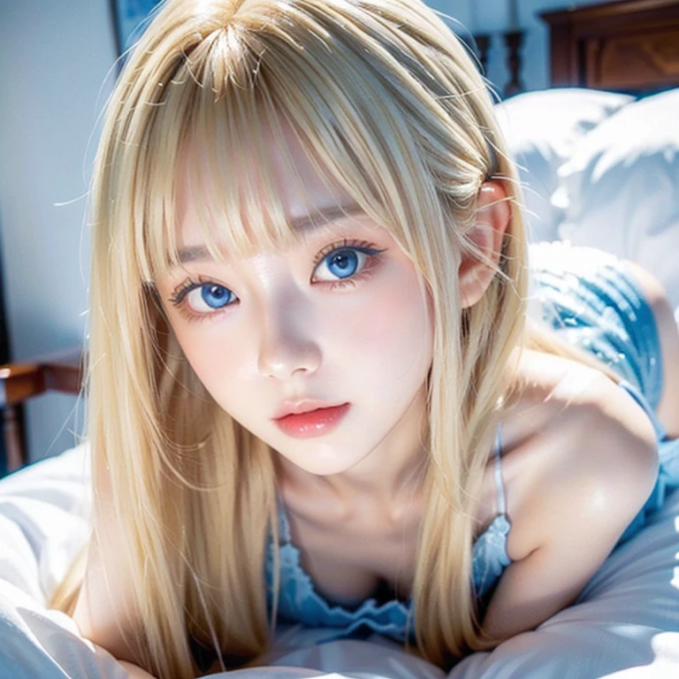 A very white and beautiful 20-year-old blonde girl、masterpiece, highest quality, shape, Ultra-fine detail, Natural platinum blonde with a natural shine、Super long straight silky hair、Super long hair like Rapunzel、Hair tangled all over the body、bangs over eyes、bangs on the face、Messy bangs、High resolution, 8K TV Wallpaper, Perfect dynamic composition, Big, bright, light blue eyes that shine beautifully、Very big eyes、of hotel(bed)、Small Face Beauty、Round face、double eyelid、Cheek gloss highlighter、On all fours