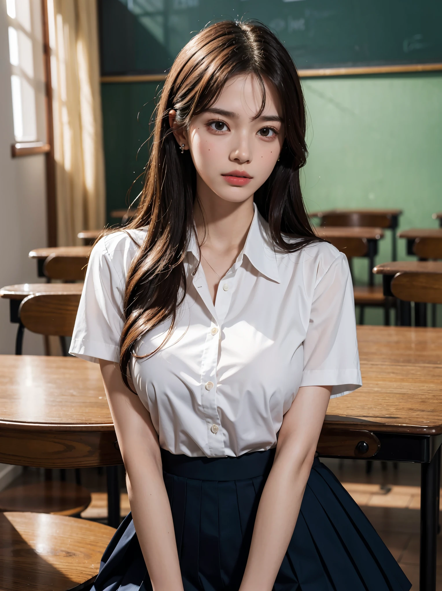 absurdres, RAW photo, extremely delicate and beautiful, masterpiece, Best Quality, ultra high resolution, 16k, hyperrealistic, realistic, photorealistic, photo-realistic, ultra-detailed, (perfect anatomy:1.2), super Detailed skin, perfect figure, Very detailed CG 8k wallpaper, in her 20s, very Slim body, narrow waist, very small head, very small face, delicate facial features, tearful mole, earring, thin legs, (very huge round breasts), short hair, (wavy hair), (light brown hair), (wet clothes), (3 girls), (school uniform:1.3),