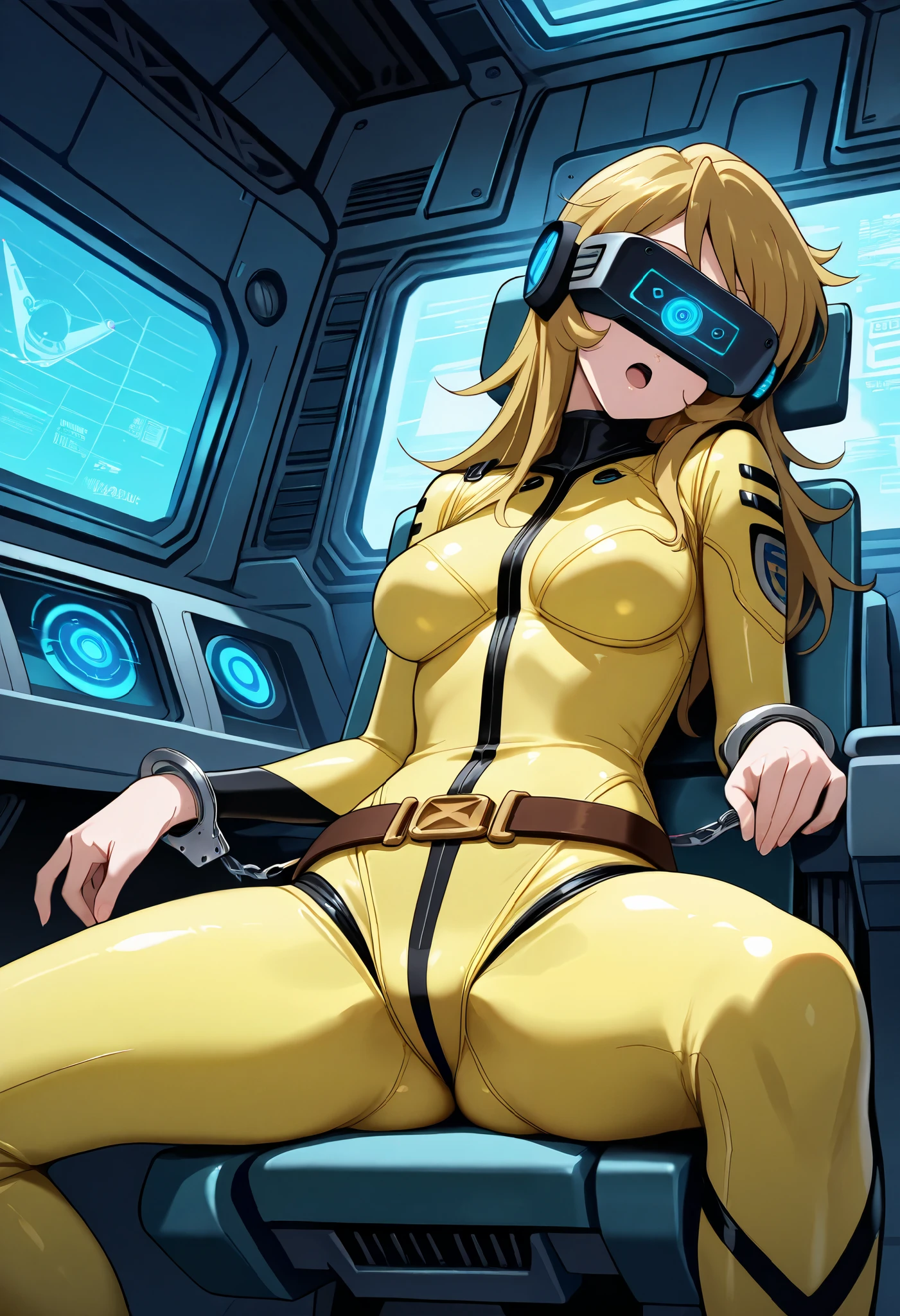 (masterpiece, best quality), , 1girl, fyuk1, solo, mori yuki, blonde hair, head mounted display, long hair, a troubled face, open mouth, front view, looking away, head tilt, yellow_bodysuit, spacecraft, outdoor, sitting on chair, leaning back, handcuffs, (brainwashed by glowing screen), (Brainwashing)+++, (Mind Control)+++, (Mind control device) , weakly, stumble , night, dark lighting,