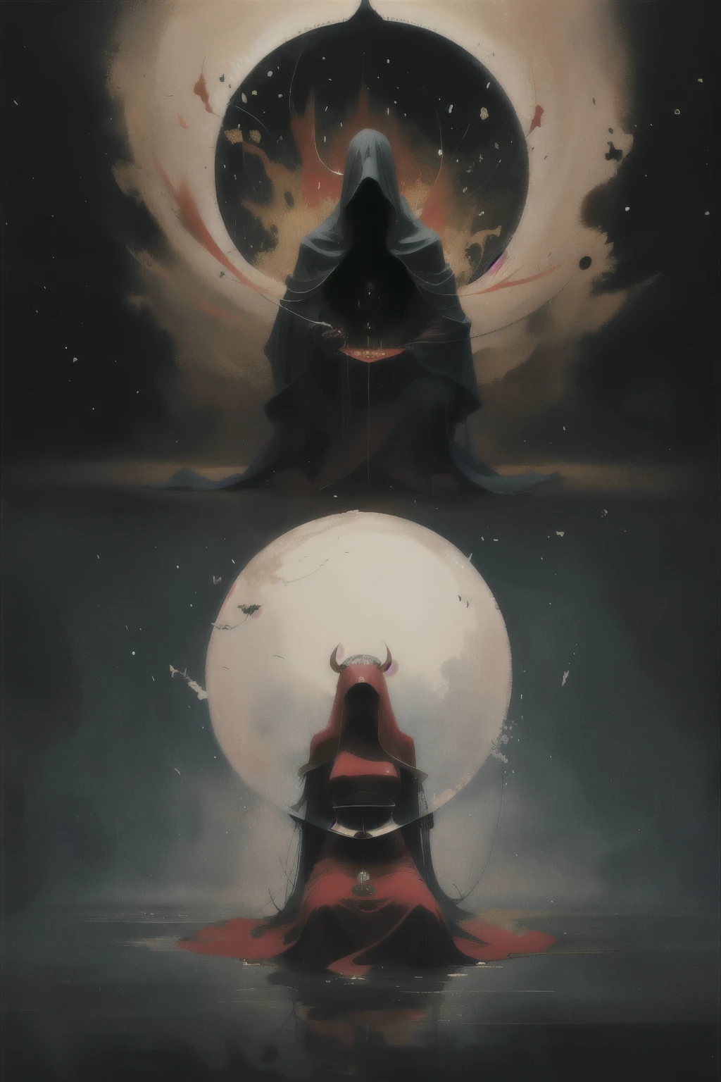 Draw an androgynous humanoid being lying in a red sea with several hands grabbing him and several swords lying in the sea.. Dark cartoon anime style drawings work of art, best quality, ultra high resolution, beautiful, , elegant, incredible details, Award-winning art, g0s1, ghost ,torn cloak, faceless, nature, forest, night, Fog, night sky, 1 girl, alone, breasts, without humans, floating, Japanese mask, Theatrical mask, long black hair,dark, villain, Horror Beautiful Japanese demon Oni, with touches of Ukiyo-e style and watercolor, cherry leaves in the background , you can see part of Mount Fuji . Demon Oni , in the midst of wind , ukiyo-e landscape and watercolor . A young Caucasian European man kneeling and totally is kissing The man wears a small BDSM submission collar . In the back of the room, a red-haired young Caucasian woman in an almost blurred black latex suit looks at him dominantly . The atmosphere is dark and blue with burning candles that illuminate the room .