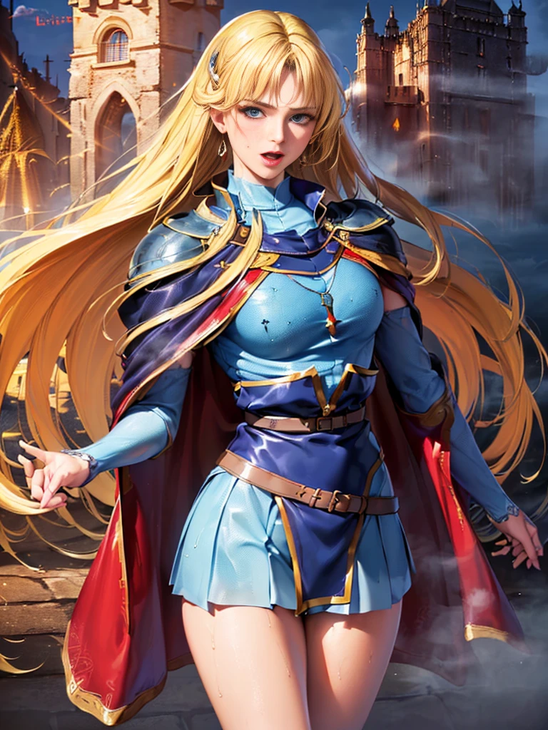 A full-body portrait of a young woman in anime style, with long, light blonde hair, framed by a white mantle adorned with golden details. She has intense blue eyes and wears a form-fitting blue armor with intricate engravings of leaves and flowers, and golden metal pieces covering her shoulders and arms. A dark brown leather belt with metallic buckles secures her armor at the waist. She wears brown leather boots, standing in a dynamic action pose. A cross-shaped pendant adorns her chest. The background features a blue sky with fluffy clouds, highlighting her majestic and noble appearance, visible from head to toe, wear tight pants
