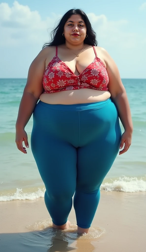 A backview photo of a Beautiful ginger SSBBW, with long wavy light Brownish-ginger hair, freckled body with big soft fat belly, thicc fat arms, thicc wide legs, small breasts, lot of freckles on arms, in a tight bikini standing on a cruise, crusie side next to a cruise fence on a vacation, looking to the water in a lake watching the sunset behind the hills