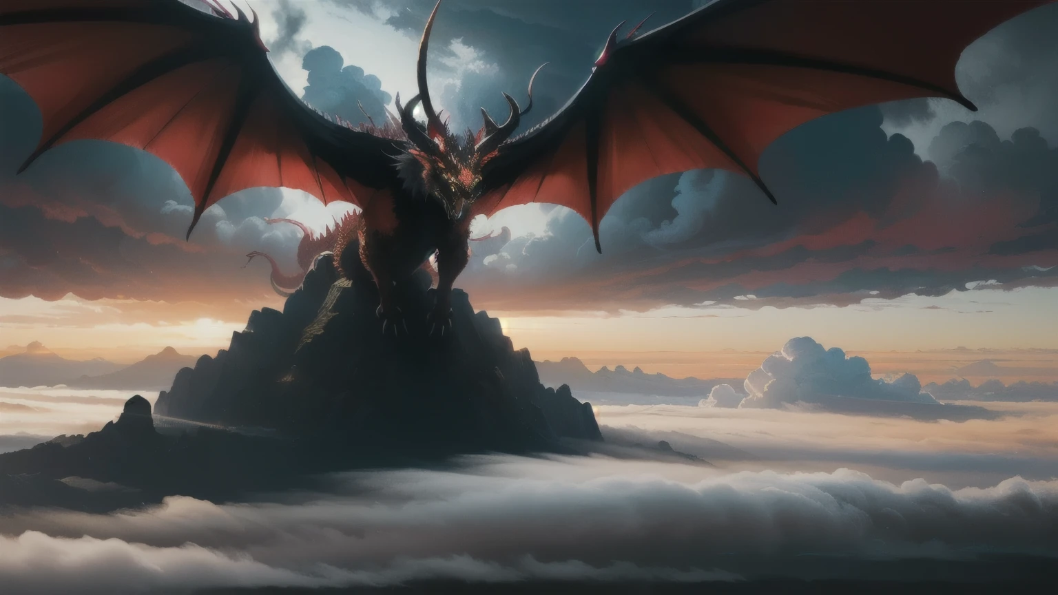 a highly detailed, 8k, hyper-realistic, masterpiece digital painting of a massive, towering red dragon with horns, claws, and wings spread wide, soaring through a fantastical otherworldly realm with dramatic clouds in the sky, staring directly at the viewer, in the style of an epic fantasy anime