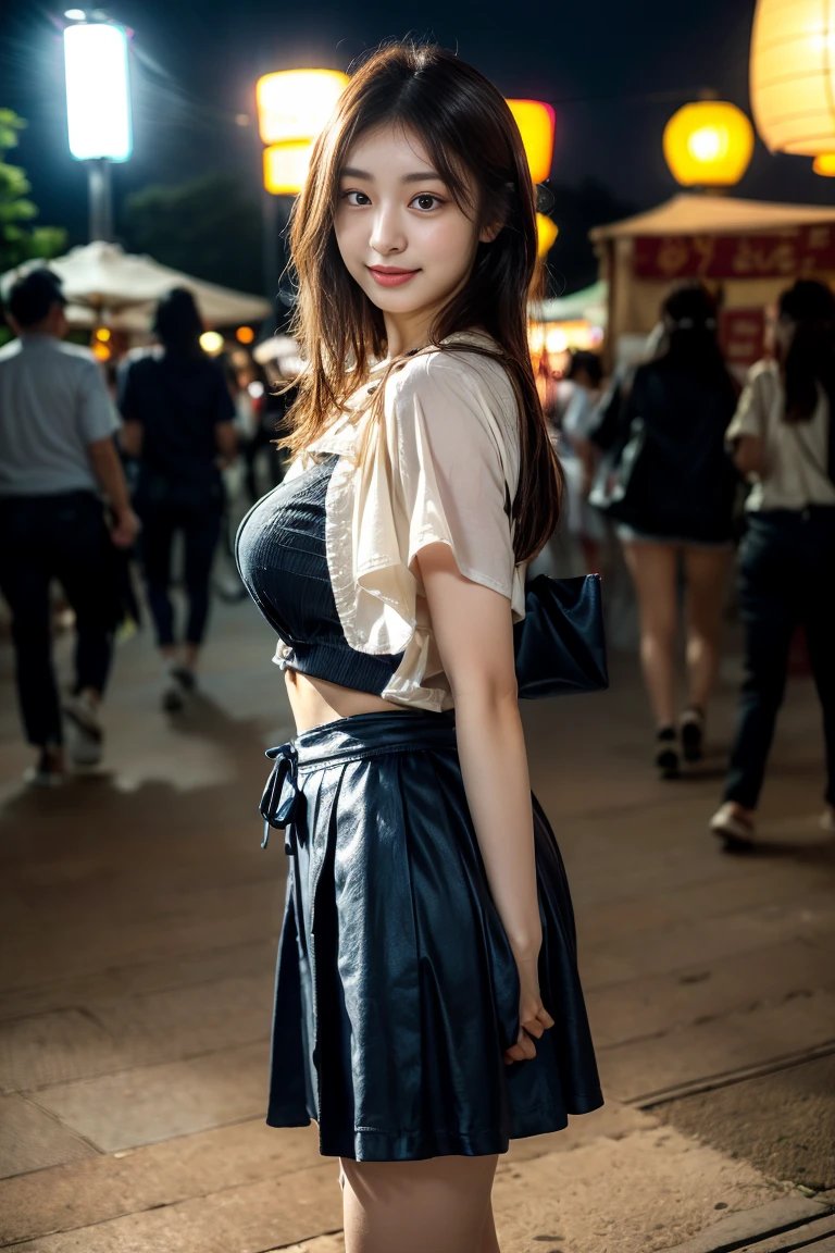 the Extremely Detailed CG Unity 8K Wallpapers、top-quality、ultra-detailliert、​masterpiece、realisitic、Photo Real、Highly detailed Indonesian cute woman, 40 years、((skirt rift))、Satin Panties、panties focus、cparted lips、Semi-body shot、Wearing an off-the-shoulder shirt、(Large crowds)、(crowdedstreets)、Long hair、((mid night:1.5))、Shy face