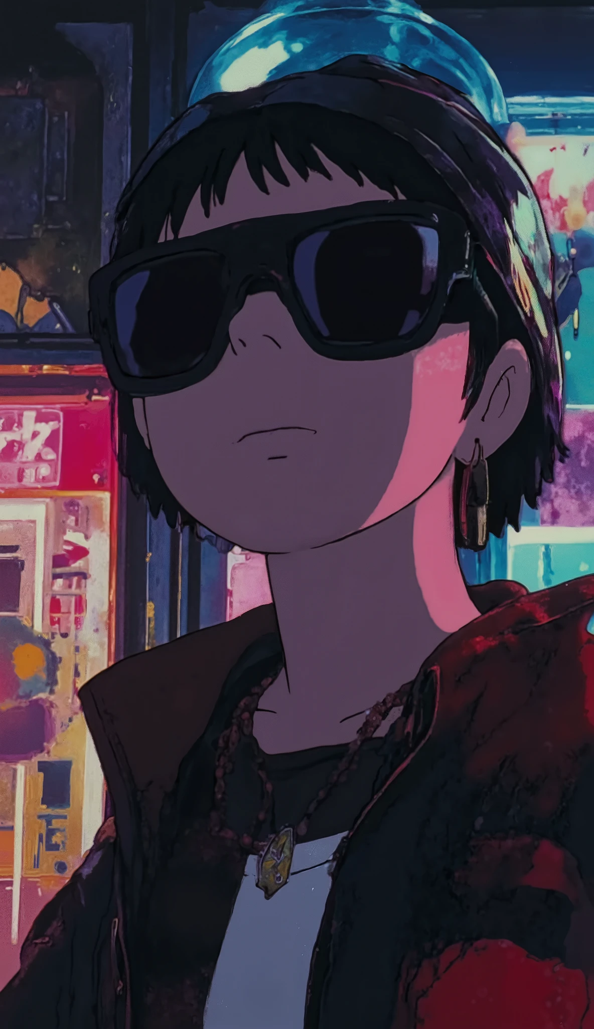 Face close up, alternative girl, watching over black sunglasses, jacket, necklace, neon light reflections on skin, ear ring, makeup, skin imperfection, short hair, beanie, neon lights background, low light, depth of field, highly detailed, high contrast, film grain, Rim Lighting, Long Exposure, DSLR