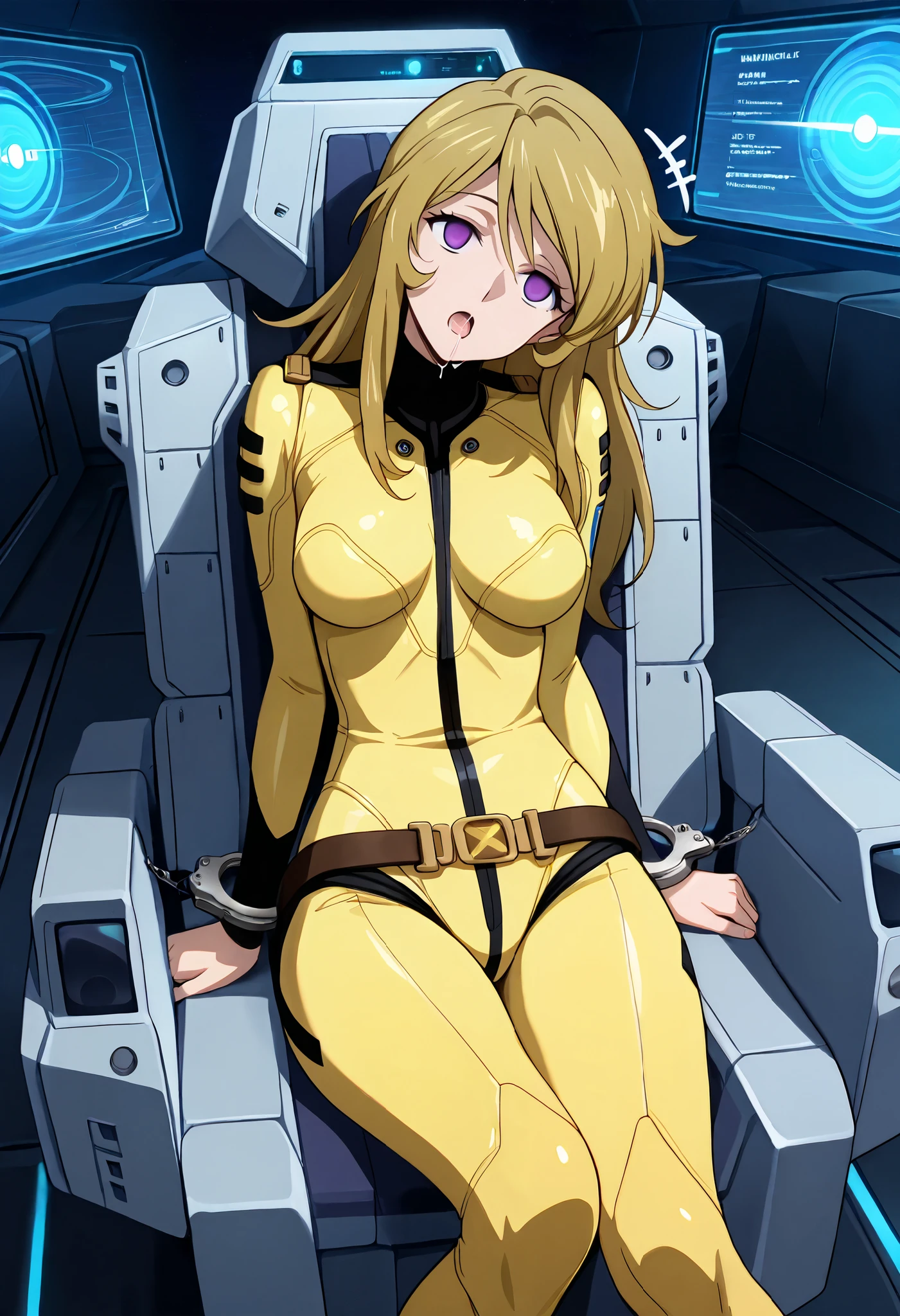 (masterpiece, best quality), , 1girl, fyuk1, solo, mori yuki, blonde hair, purple eyes, empty eyes, long hair,  brainwashed facial expression, open mouth, Saliva,passed  out, front view, looking away, head tilt,  yellow_bodysuit, spacecraft, outdoor, sitting on chair, leaning back, weakly, handcuffs, (brainwashed by glowing screen), (Brainwashing)+++, (Mind Control)+++, (Mind control device) , weakly, stumble , night, dark lighting,