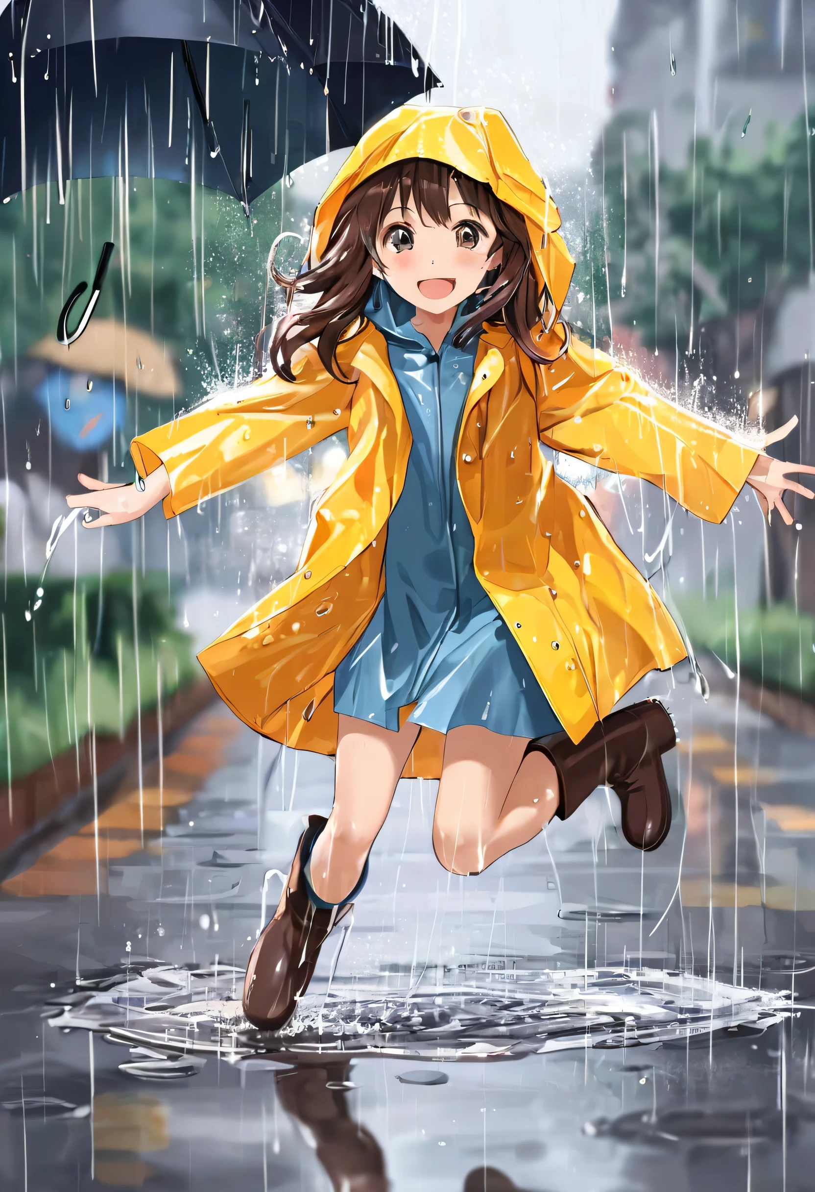 a cute girl wearing a rain coat and boots in the rain, jumping in a puddle, splash
