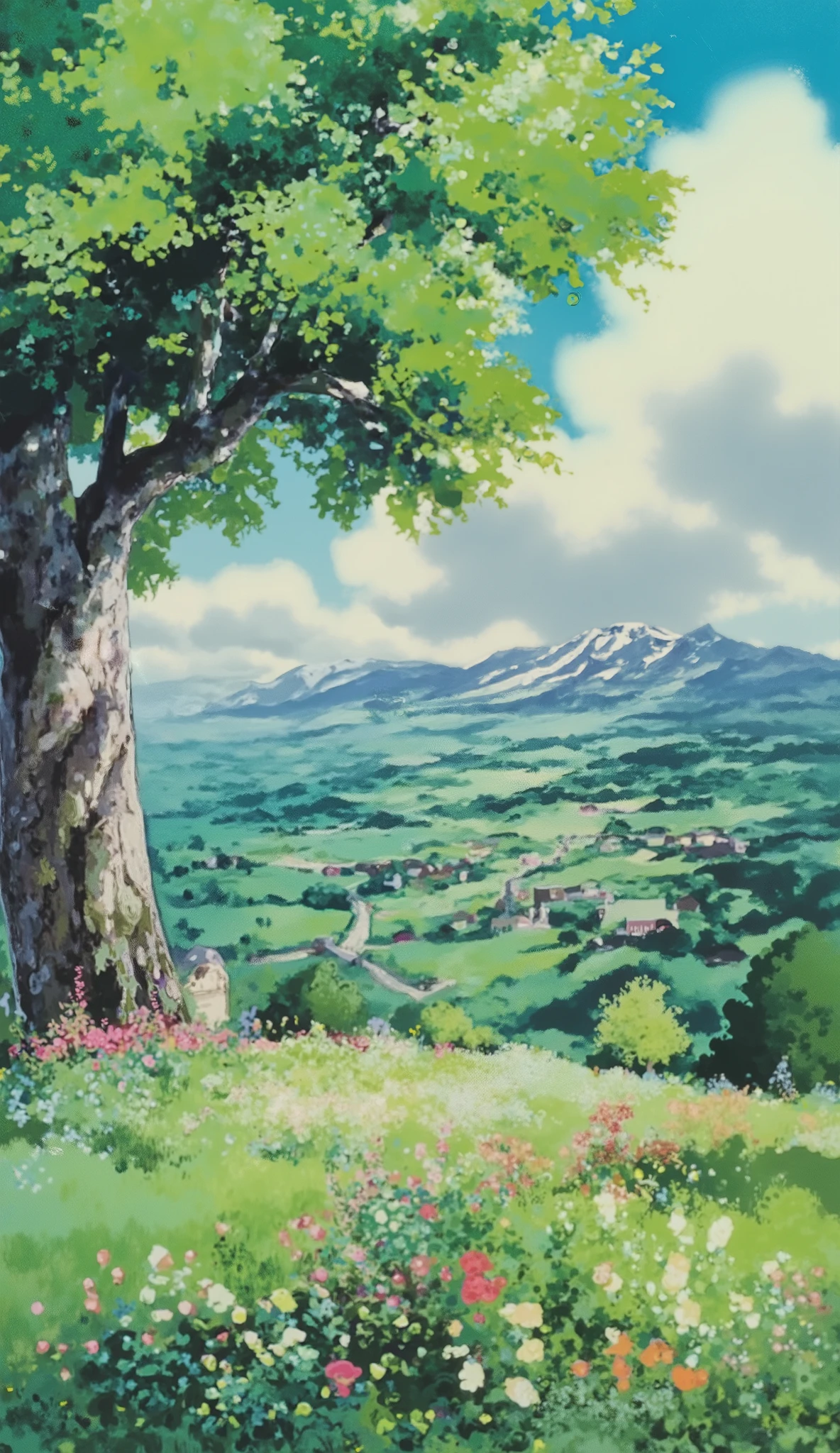 "A breathtaking fantasy landscape viewed from a slightly low-angle perspective, capturing a vast, sunlit valley. The foreground features a gentle hillside covered in colorful wildflowers, with a massive tree on the left, its lush green leaves casting dappled shadows. Sunlight filters through the branches, creating a radiant lens flare effect. The midground reveals rolling green hills, a picturesque valley with small scattered cottages, and a winding river reflecting the sky. In the background, majestic snow-capped mountains rise against a bright blue sky with fluffy white clouds. The composition emphasizes depth, leading the viewer’s eye from the detailed foreground to the distant horizon. The art style is semi-realistic with a touch of Studio Ghibli inspiration, featuring soft brushstrokes and vivid, harmonious colors."