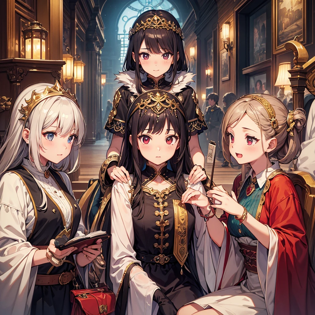 A group of priestess, (in bedroom), various hair styles, harem, night, details face, seducing, ceremonial outfit, multiple girls, exposed shoulders