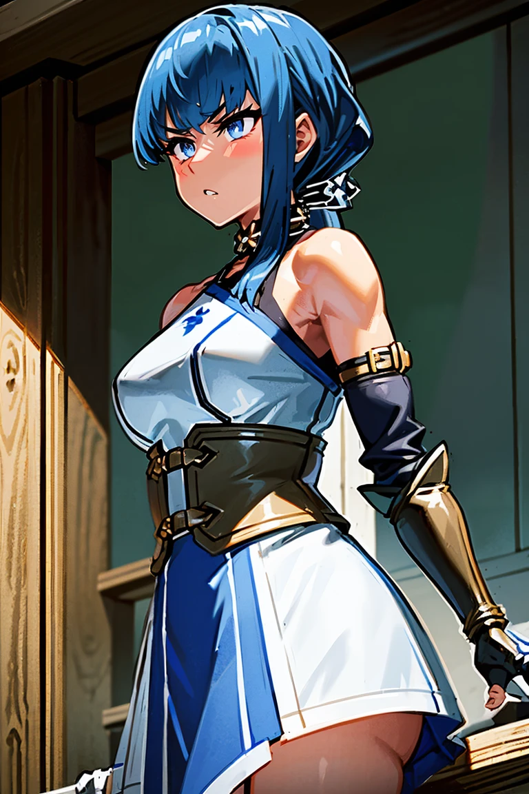 Slave girl, Topaz, short dark blue hair, light blue eyes, short, timid, very fast runner, often nervous in tight situations but has enough head on her shoulders to endure whatever she faces, petite