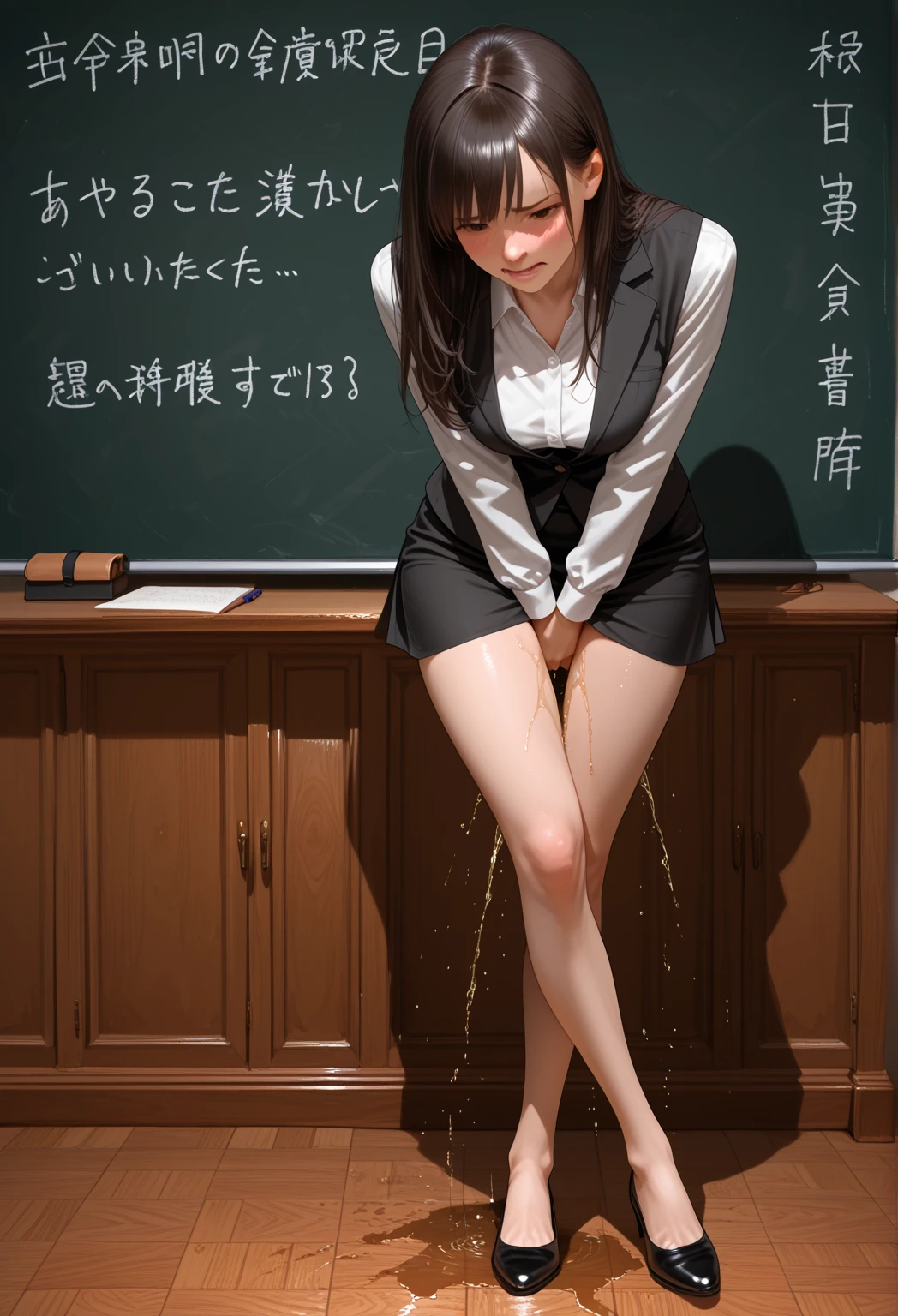 A female teacher pees during an interview、Only the female teacher pees while sitting on the sofa in front of the interviewer、Sit facing the interviewer、Urinary incontinence、peeing herself、A lot of pee、From below、White Suit、White Mini Skirt、White High Heels、Perfect figure、Extremely beautiful、Peeing while sitting、Steam rising from the pee、Female teacher is embarrassed、The interviewer is looking at the female teacher