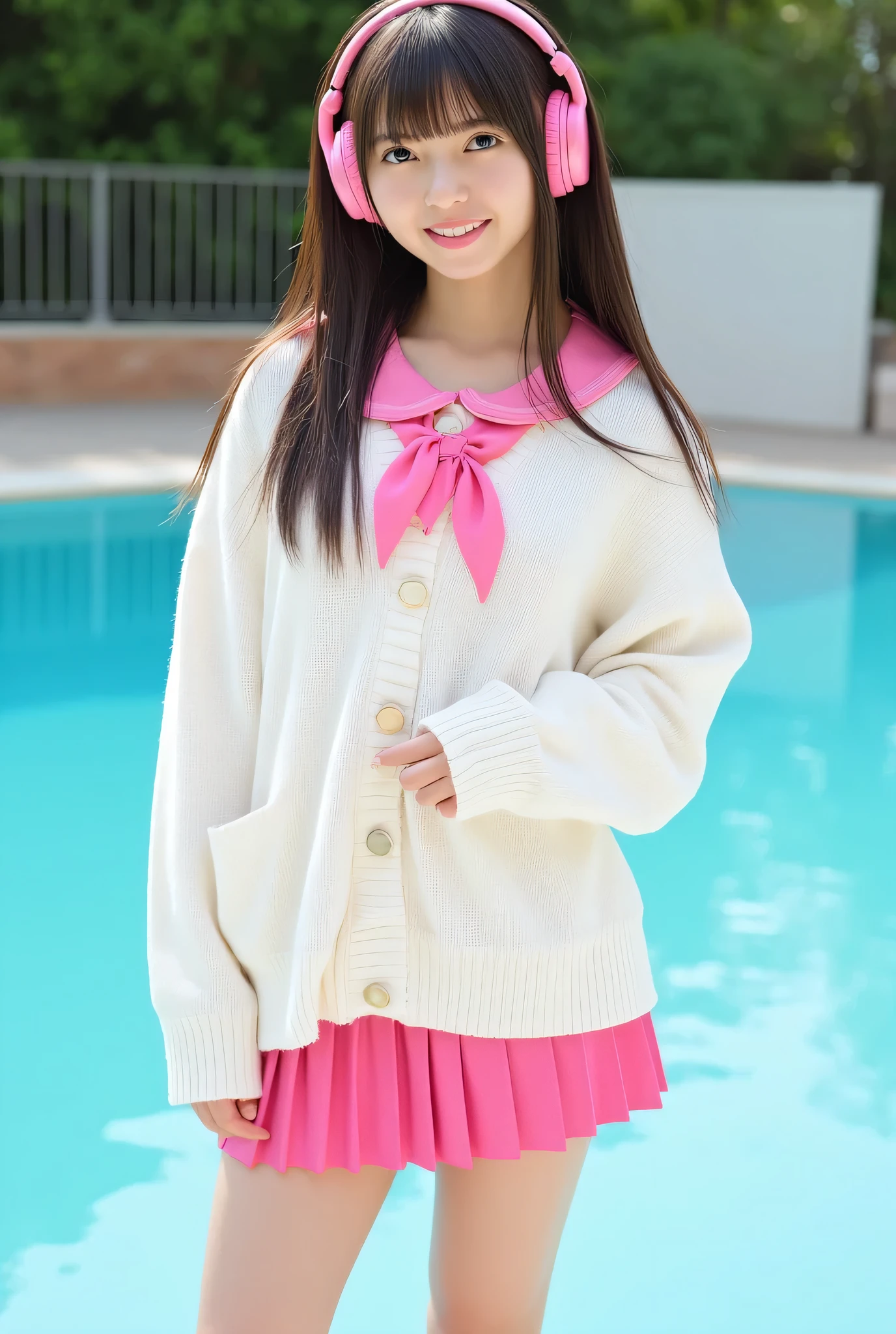 The image shows a young woman named Asuka standing with one hand on her hip and smiling shyly. She has long straight hair with bangs. BREAK (ivory-white and shocking-pink theme:1.4), (cute school uniform:1.2), (shocking-pink headphones:1.3), (wearing an oversized ivory-white knit cardigan over a school uniform:1.4), (shocking-pink sailor collar with big pink ribbon:1.4), (button-up:1.4), (wearing an shocking-pink pleated skirt under a cardigan:1.2), (bare legs:1.3), (loose socks:1.2), (shocking-pink platform high boots:1.2),,. The background appears to be an outdoor poolside setting.