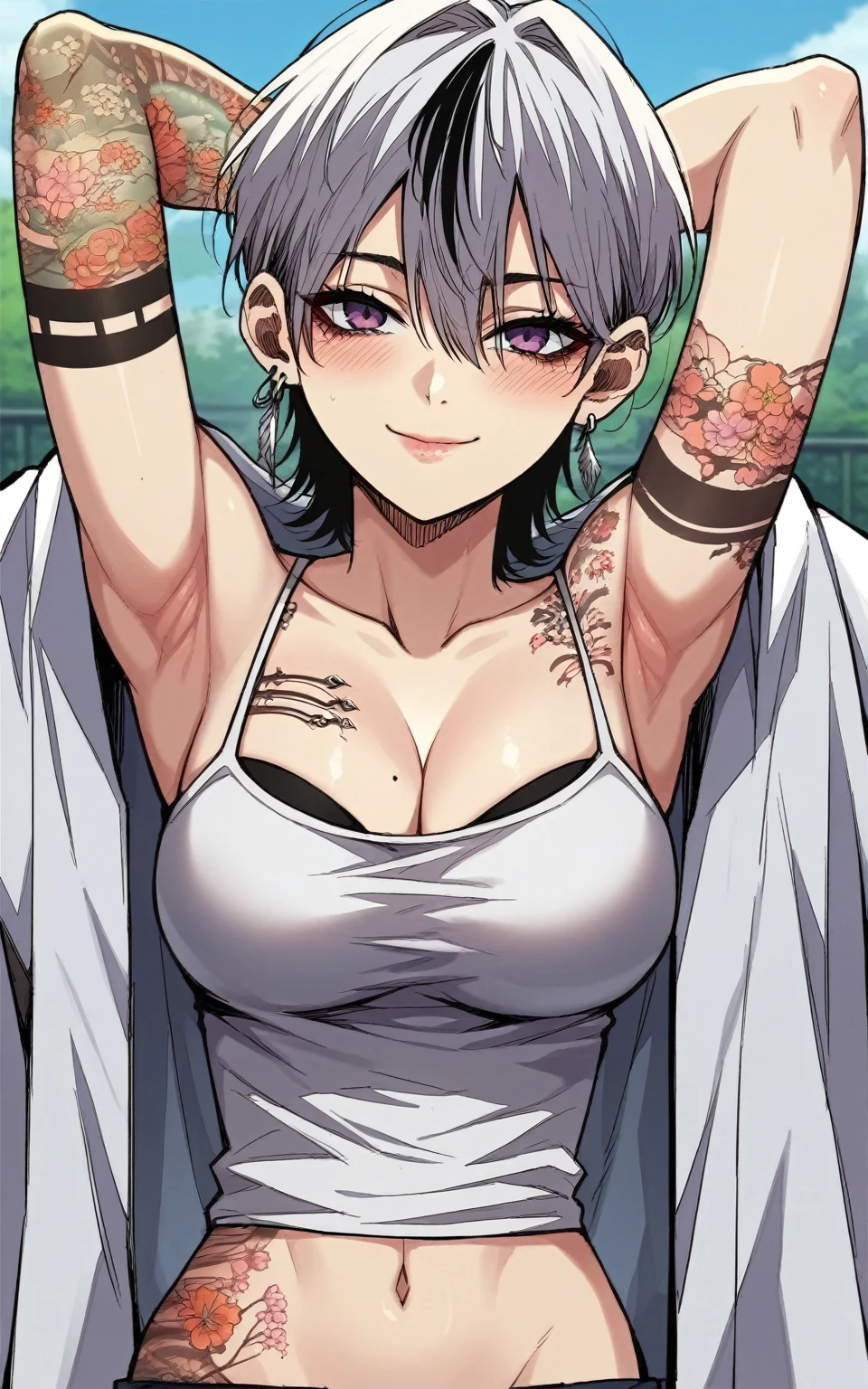 Beautiful breasts、Black Hair、Attractive breasts、Beautiful and attractive anime woman, Enchanting anime girl,Slippery、black eye、beautiful girl、、Quiet、Inconspicuous、White see-through tank top、Big Breasts、Stay in the house、Underwear is visible、Underwear is biting into、Small underwear、Shaved、Wet Skin、((腕にTattoo))、(For the whole body)Tattoo、Nipples are visible、large hoop earrings、(On the legs)Tattoo、(On my back)Tattoo、(On the stomach)Tattoo、Provocative、大きいTattoo、For the whole bodyTattoo、(On the face)Tattoo、Short Bob、Provocative、肩にTattoo、((Tattoo))、brown、Before sex、(Tying hands with a string)