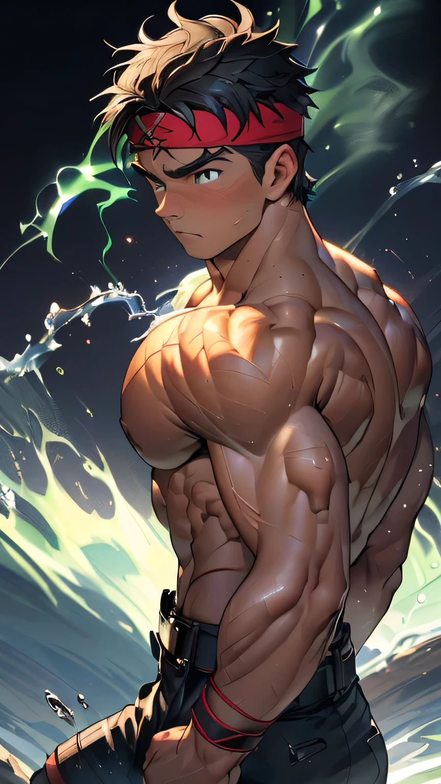 ((masterpiece, best quality, dynamic angle, dynamic pose, acrobatic pose)), (((((Black Background, Dark night, (Depth of field:1.2), combat, fighting, steam, arched back, upper body, relax))))), (1 boy, Young guy, muscler, Shirtless, topless), ((((Wounded, exhausted, 1boy, solo, tough, reliable)))), (Dark Short straight hair, ((almost completely shaved hair)), under cut, Glossy skin), (((red headband, black wristband, belt, boots))), Vivid colors, ((big breast, big shoulder, muscular body, sturdy body, defined round and fleshy pecs, defined round and fleshy ABS, defined round and fleshy armsmuscular, well-defined muscles, developed body, toned body, shouldermuscler)), muscler!, muscler body, detailed face, detailed muscle, (((rippling muscles, Flowing energy, wearing wind to emphasize the power of his aura, Highlight his aura, blue and green aura effect, wearing energy stream, athretic body)))