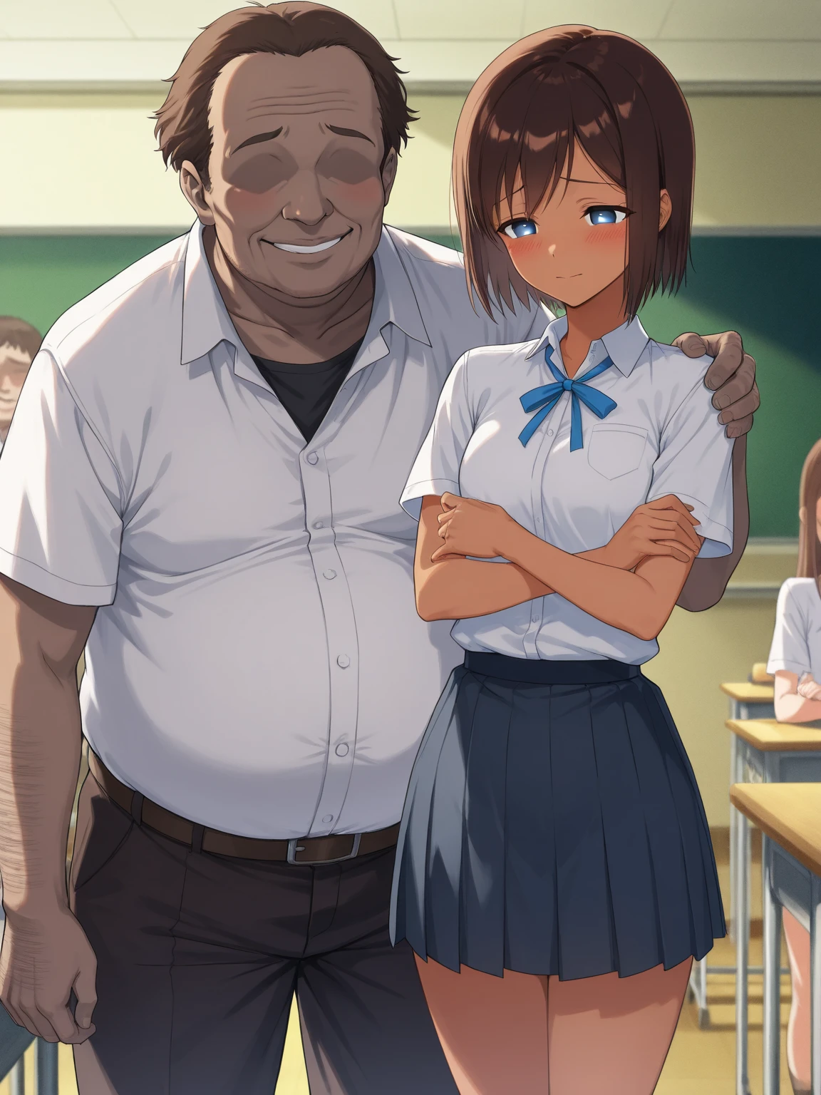 score_9, score_8_up, score_7_up,  source_anime, masterpiece, best quality, anatomically correct,good hands,
faceless male and blank pupils girl,((duo)),(teacher male and student girl),school uniform,blue eyes,too dark brown skinned girl,(brown hair,asymmetry short hair,straight hair,smile,sad,blush),hand on another shoulder),good hands,(faceless male),ugly man,mature male,fat man),school,looking at male,front view,cowboy shot,(girl behind male),classroom,