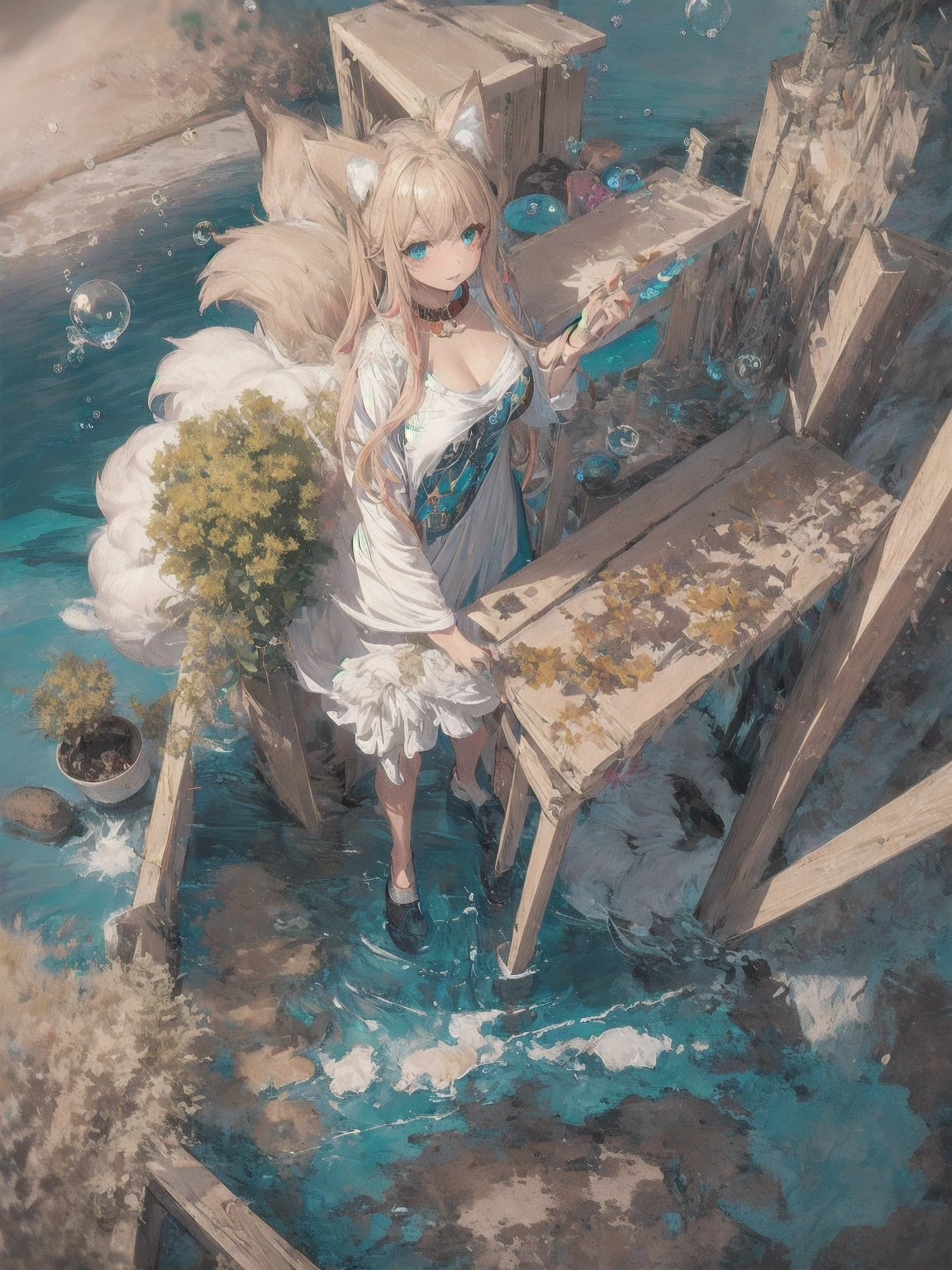 ( masterpiece), ( highest quality), ( super precise),( disheveled hair),( Illustration of ), ( 1 girl), (( striped hair)),  silvery long hair,  pink eye,  fox ears,  , ( highly fashionable clothes),  standing, Fashion Models, watch viewers, (Interview), ( simple background ), ,  beautiful detailed eyes , has a delicate and beautiful face,floating,(  high chroma),( colorful splashes), Colorful Bubbles ,(Shine), focus on faces,