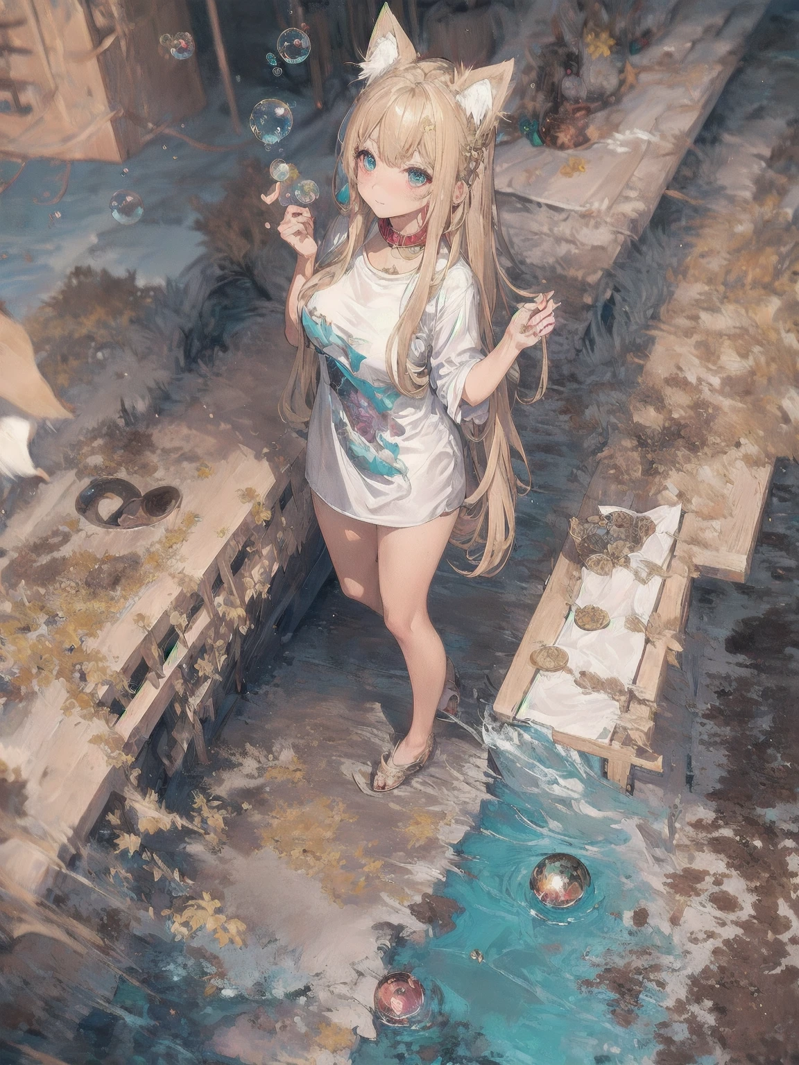 ( masterpiece), ( highest quality), ( super precise),( disheveled hair),( Illustration of ), ( 1 girl), (( striped hair)),  silvery long hair,  pink eye,  fox ears,  , ( highly fashionable clothes),  standing, Fashion Models, watch viewers, (Interview), ( simple background ), ,  beautiful detailed eyes , has a delicate and beautiful face,floating,(  high chroma),( colorful splashes), Colorful Bubbles ,(Shine), focus on faces,