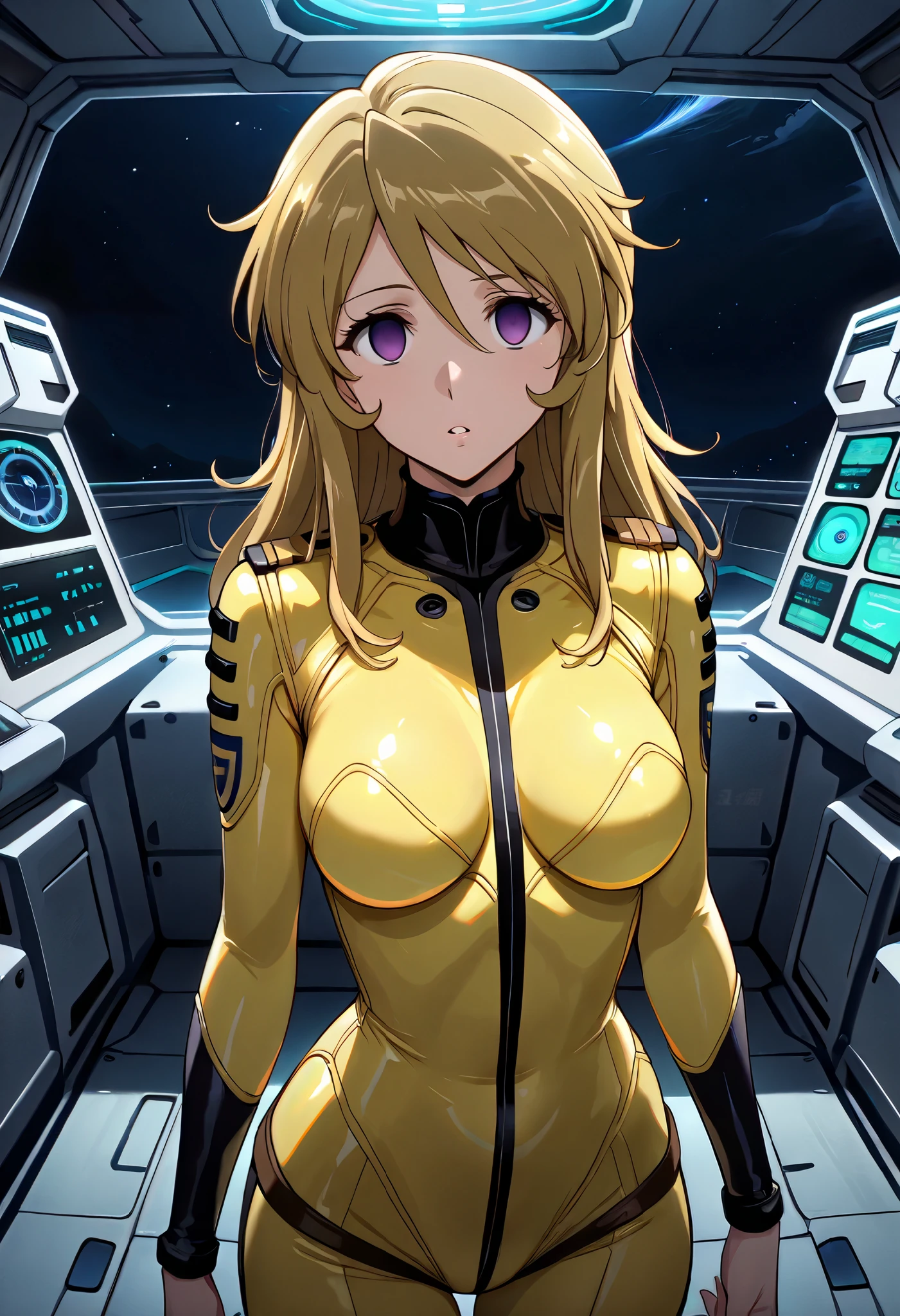 (masterpiece, best quality), , 1girl, fyuk1, solo, mori yuki, blonde hair, purple eyes, empty eyes, long hair,  brainwashed facial expression, parted lips, brainwashed, mind control, looking at viewer, yellow_bodysuit,  spacecraft, standing, stumble , night, dark lighting,