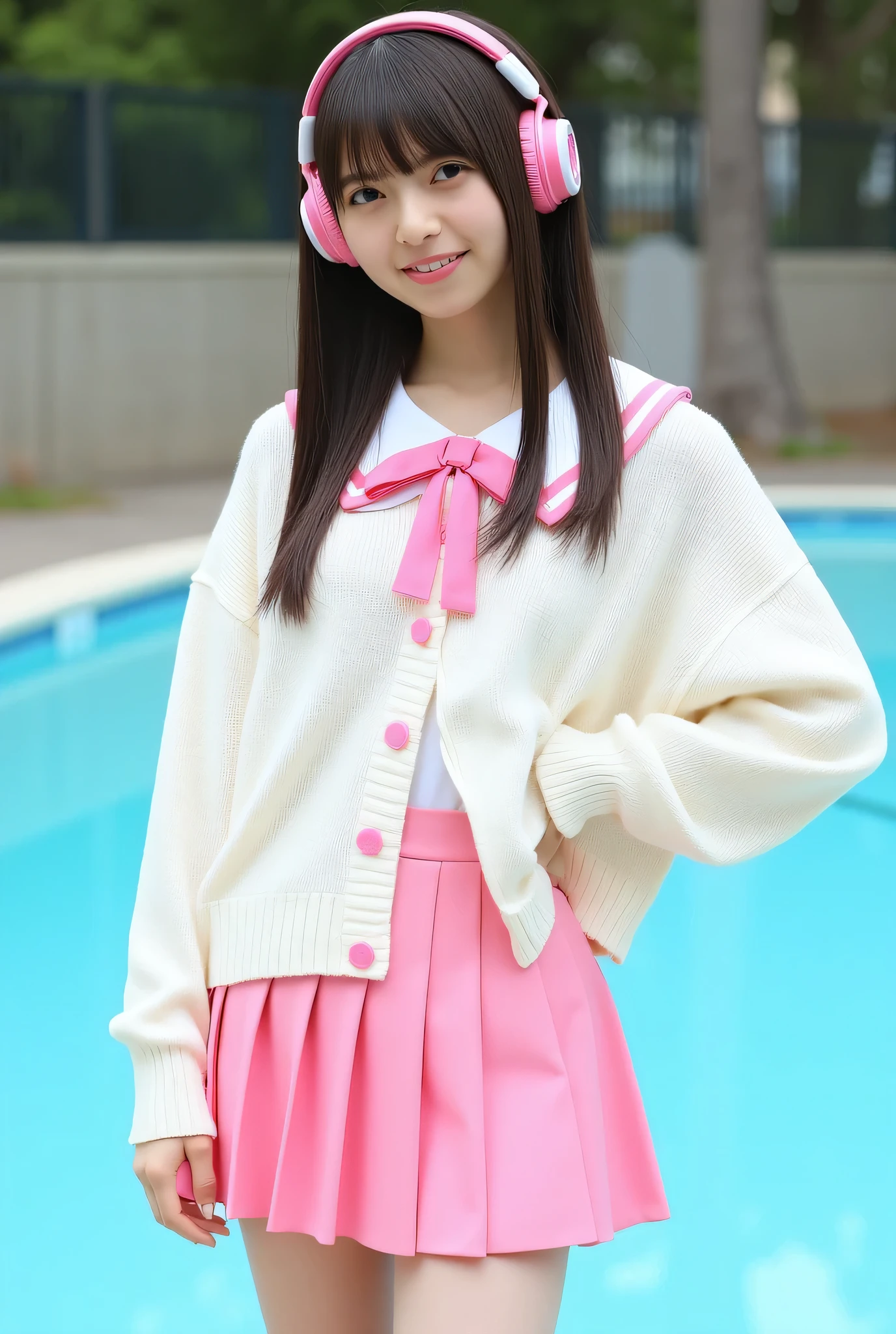 The image shows a young woman named Asuka standing with one hand on her hip and smiling shyly. She has long straight hair with bangs. BREAK (ivory-white and shocking-pink theme:1.4), (cute school uniform:1.2), (shocking-pink headphones:1.3), (wearing an oversized ivory-white knit cardigan over a school uniform:1.4), (shocking-pink sailor collar with big pink ribbon:1.4), (button-up:1.4), (wearing an shocking-pink pleated skirt under a cardigan:1.2), (bare legs:1.3), (loose socks:1.2), (shocking-pink platform high boots:1.2),,. The background appears to be an outdoor poolside setting.