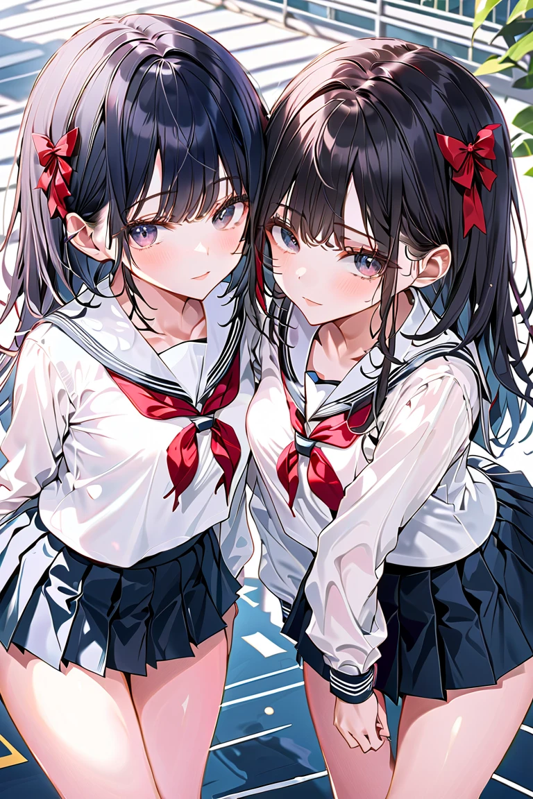(Highest quality, 8k, 32K, masterpiece, Ultra-high resolution,:1.2),born, Two Girls,Super cute , Natural light,Clear, shining eyes, 20-year-old,Mid-chest ,Fair skin ,Blushed,Dynamic Lighting, At the top of the stairs, ((学born服)), On all fours, Close your legs, In the middle of the stairs, Shiny, Showing panties, White or blue panties, Camel Toe, Wedge Shape, Closeup Panties, From below