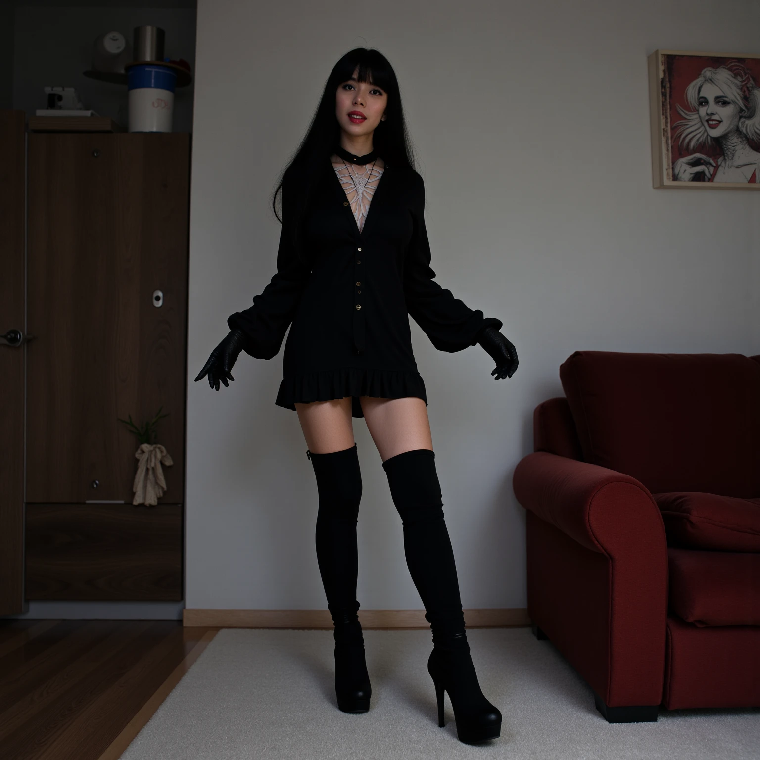 there is a woman sitting on the floor with her legs crossed, sensual gloomy style, wearing black boots, thighhighs and skirt, outfit photo, fishnets and a long tartan skirt, wearing a camisole and boots, wearing skirt and high socks, dark and grungy, grunge aesthetic!!!, goth girl aesthetic, shot with hasselblade camera, outfit photograph, goth vibe