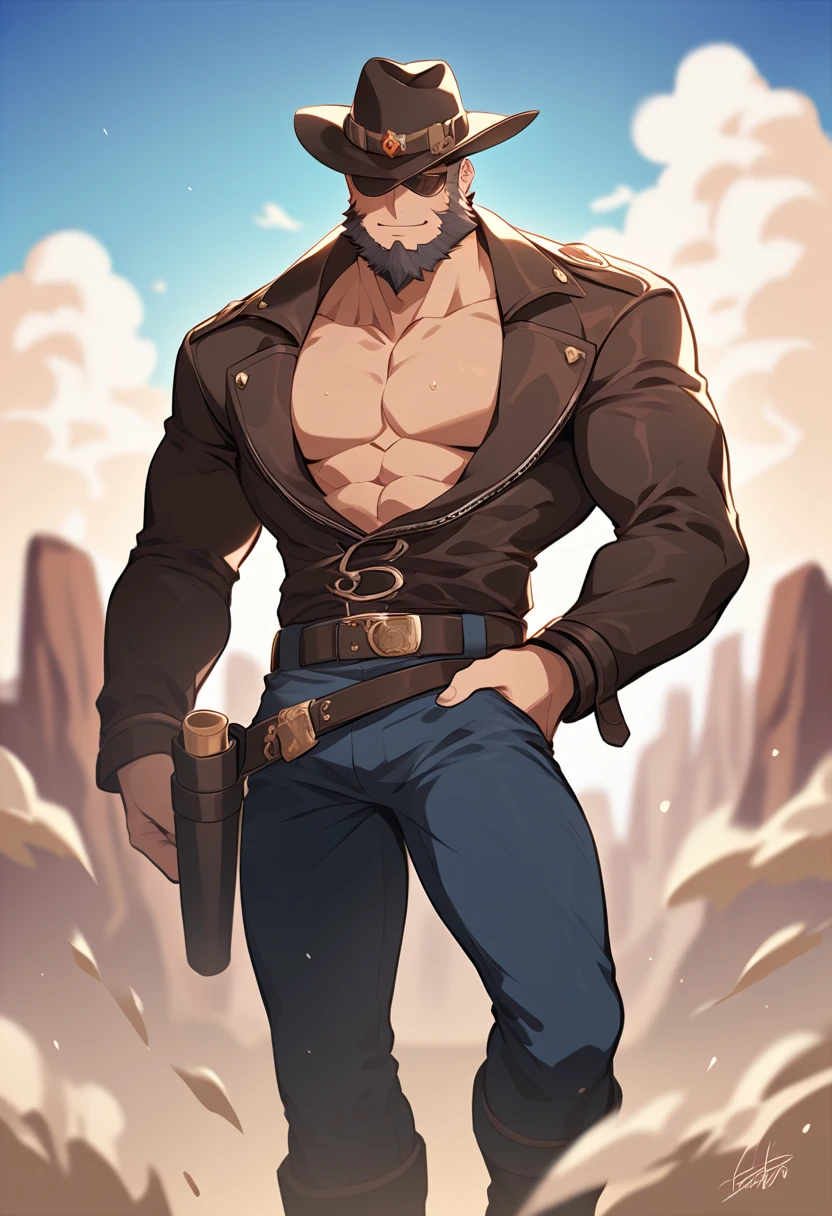 absurderes, hight resolution, 1male people, full body visible, Stubble, clothes down, matured male, ruggedly handsome face, dark eyes, mustache, old face, beefy, thick dark eyebrow, thick eyebrows, Male Focus, bushy beard、Male bandit, tanned, bronze caucasian, thick eyebrows, orange eyes, buzzcut brown hair, topless, foot wraps, leather breeches, (goatee)1.2, hairy pecs, full height picture, dark maroon scarf, carring a knife, looking to the viewer with tempt, slightly smiling, squint eyes, big hands, big ass, (big and large legs), muscle, vein, buff, open shirt, showing chest, big pecs, ((full body shot)), posing for the camera, deliberate, explicit content, lying back with legs open, crotch in focus, Detailed body,Ultra-detailed eyes, (Very short hair:1.2), (hyper pecs:1.5), (Soft smile:1.2), Perfect ligthing, (flexing biceps:1.2)