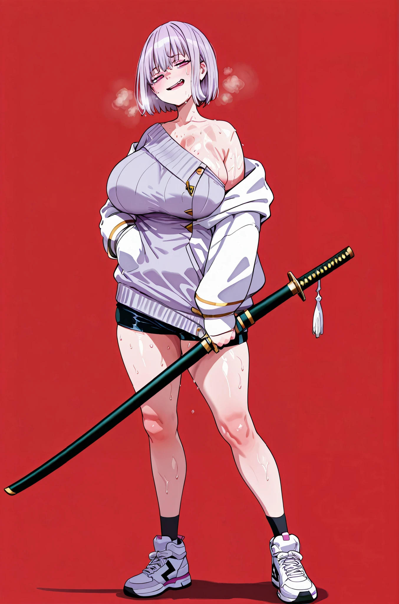 masterpiece, high quality, absurdres, best quality, very aesthetic, newest, anatomical correct, HD, 4K, digital art, trending on DeviantArt, gasping, heavy breathing, excessive sweating, sweating, sweating profusely, gasping profusely, cinematic, ((skindentation)), ((voluptuous)), akane shinjou, light purple hair, pink eyes, short hair, large breasts, (shou), white jacket, sweater dress, off shoulder, black shorts, 1girl, red_background, solo, weapon, sword, katana, open_mouth, sheath, sneakers, simple_background, sheathed, standing, full_body, fang, holding, socks, smirk, half-closed eyes, holding_weapon, hand_in_pocket,