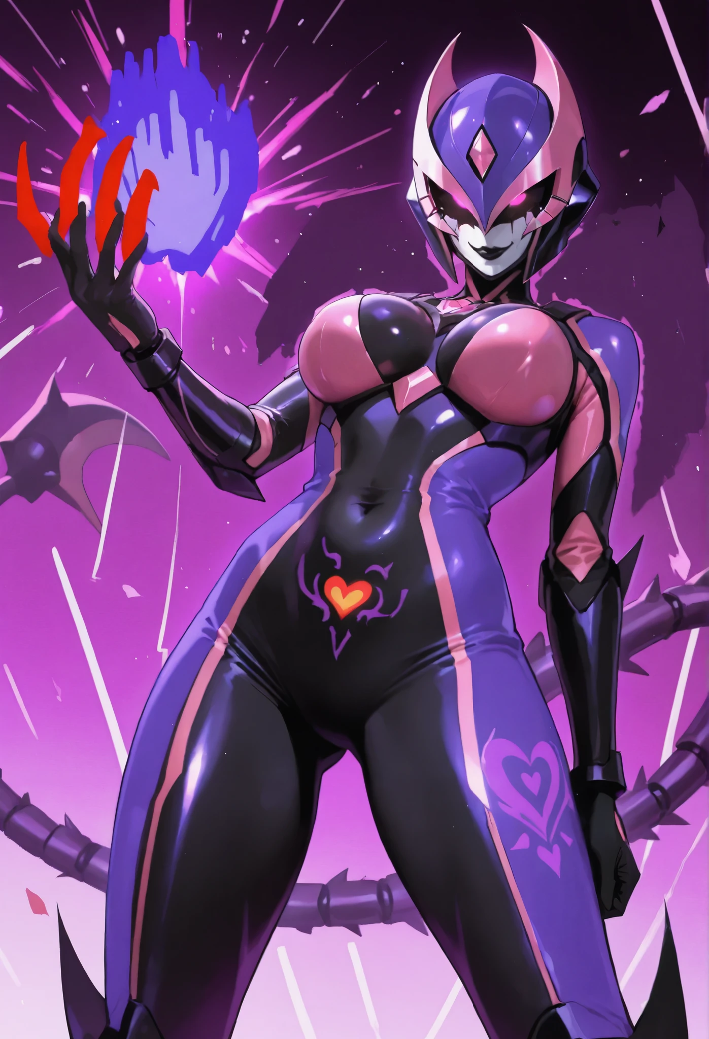 Dark UltraWoman. (high quality)(luster)((Black Face and red eyeline))(Black thema color. Purple thema color. black helmet. A full-face helmet. Pink lines. Purple glowing mechanical eyes. The whole body is covered with a black bodysuit. Thick legs. Spike decoration. Pink lines all over the body. Heart tattoo . purple coloreye. pink glow crystal. pink sharp claw. White background.