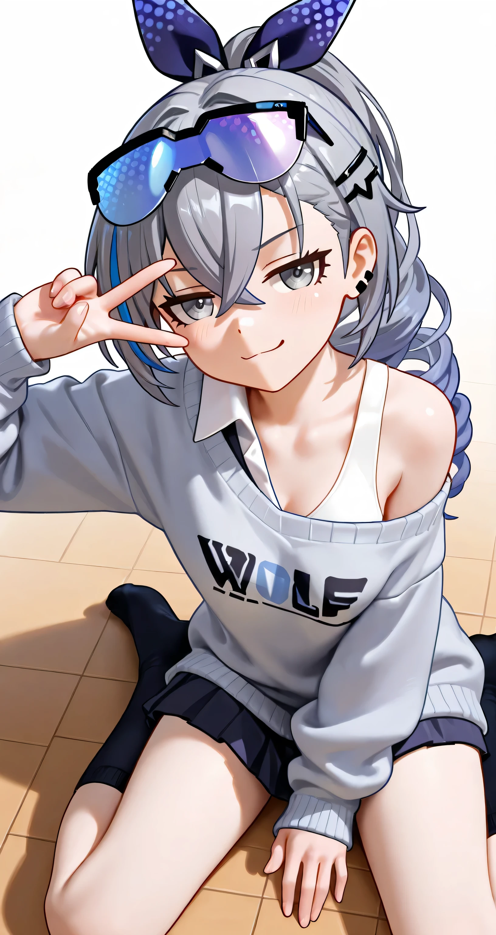Silver Wolf, honkai star rail, smug, wariza, from above, looking at viewer, v over eye, oversized off-shoulder sweater, school uniform