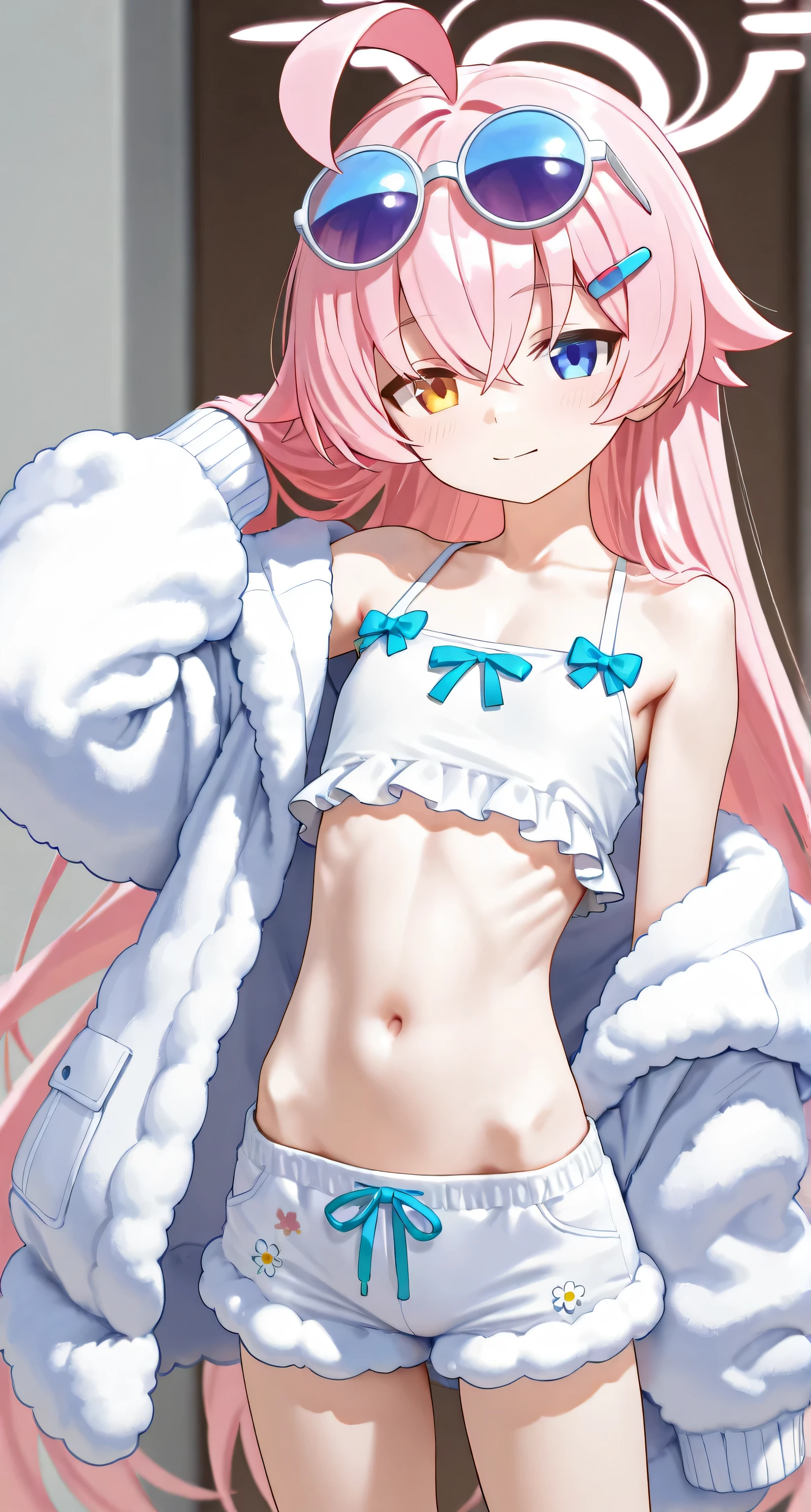 1girl, full body, atsuko (blue archive), (X-shaped halo), light lavender hair, red eyes without highlight, pale skin, swimsuit, BAPV, pink thema, yellow thema, blue thema, red thema, gray thema, atsukodef, atsukornd, atsukounder,