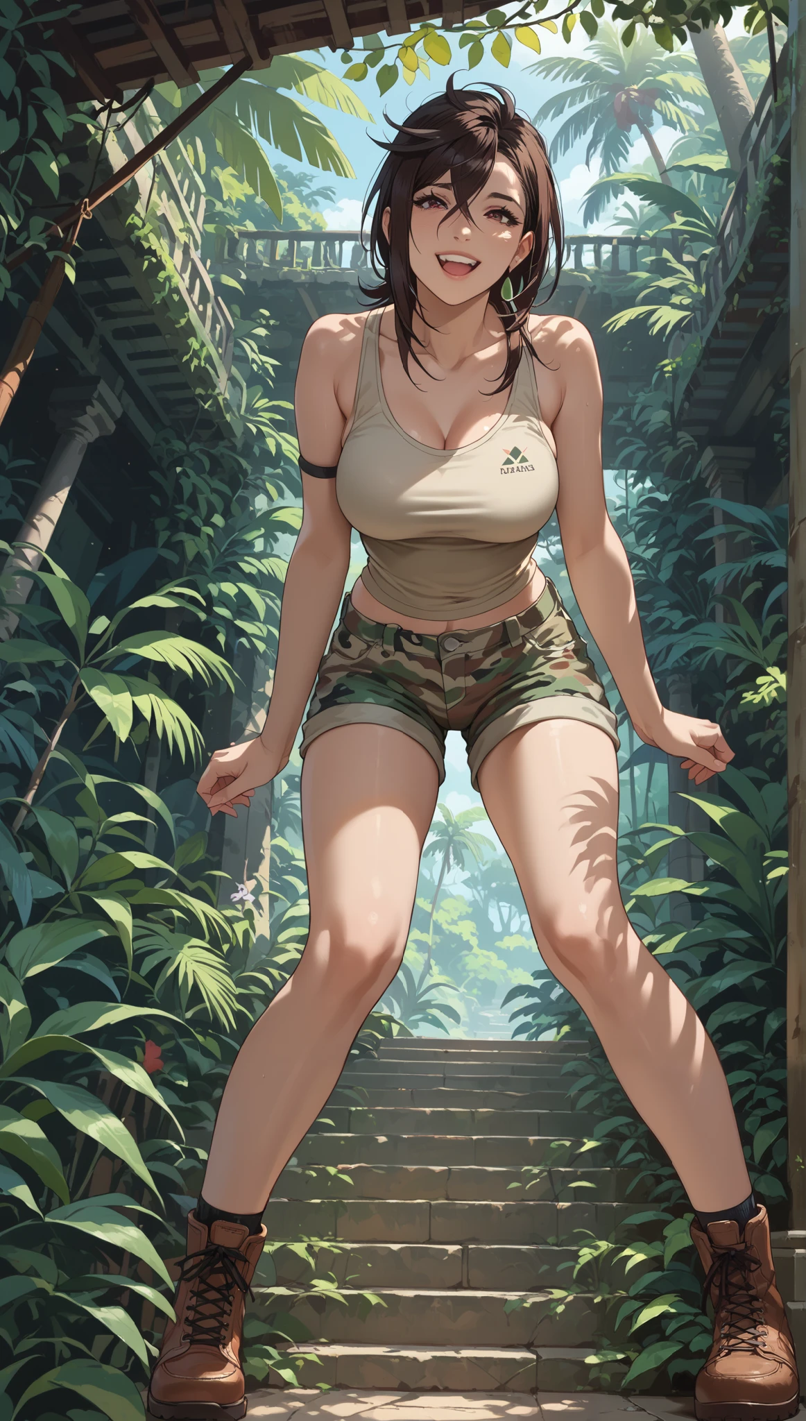 rape, Momose Momo, 18, as Lara Croft, standing on steps of ancient jungle temple, khaki tank top and tight camouflage shorts, legs spread wide, temple entrance visible in background, loud onomatopoeic speech, smiling face, bright sunlight, full length frontal view