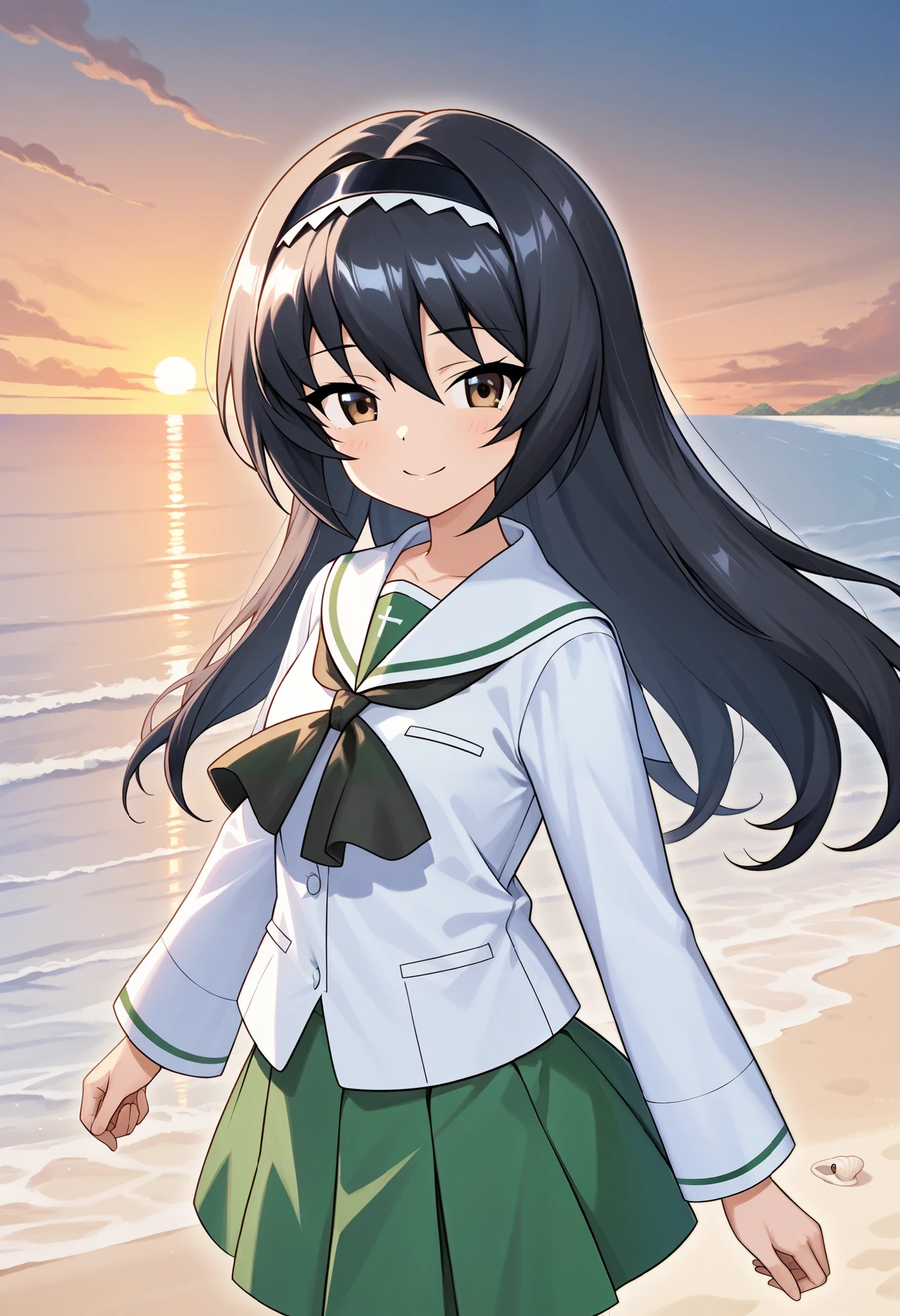resolution, highest quality, Super Quality , one girl、solo、Reizei Mako、 black hair、 brown eyes、smile、Uniform up、 ( Oarai school uniform :1.3),White sailor collar, black neckerchief , white shirt, Long Sleeve , Green Skirt 、 outdoor、sea、White Beach,sunset