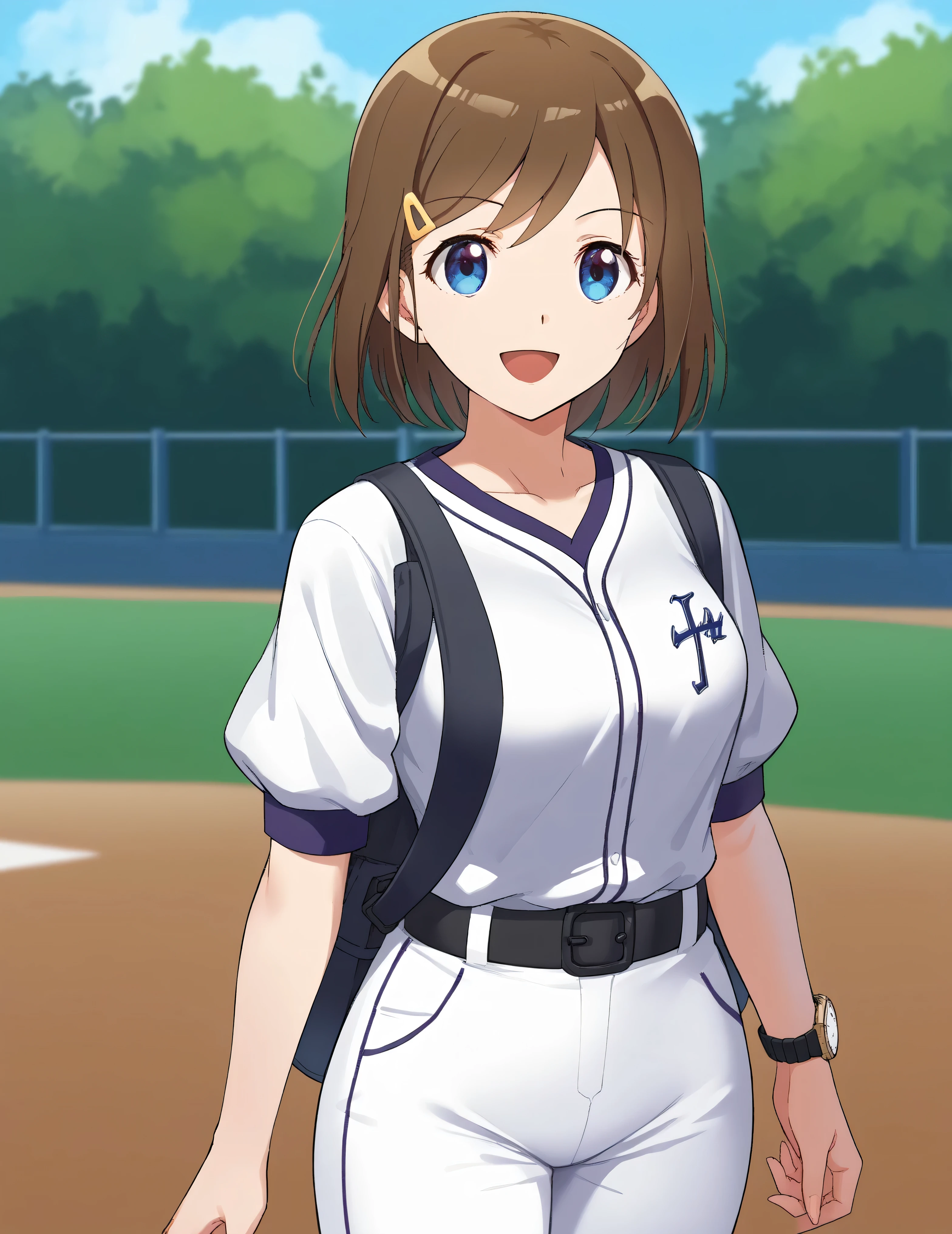  score_9,  score_8_ up,  score_7_ up,  score_6_ up,  score_5_ up,  score_4_ up,  source_Anime,( top quality:1.1), ultra detailed, Hi-Res,Highly detailed skin, beautiful detailed eyes,8k, sharp concentration, beautiful, beautiful eyes,  anatomically correct ,  anatomically correct  face, extremely detailed eyes , smooth edge , beautiful face, symmetrical eyes, left and right name color, aa Izumi ,  brown hair,   short hair, stupid hair,  hair ornament,  hair clip,  blue eyes, , ( beautiful, 小さな:1.2),  baseball uniform,  sportswear, belt,   white pants, smile,  open your mouth,  is standing, cowboy shot,  outdoor,  watch viewers,  arms on both sides,