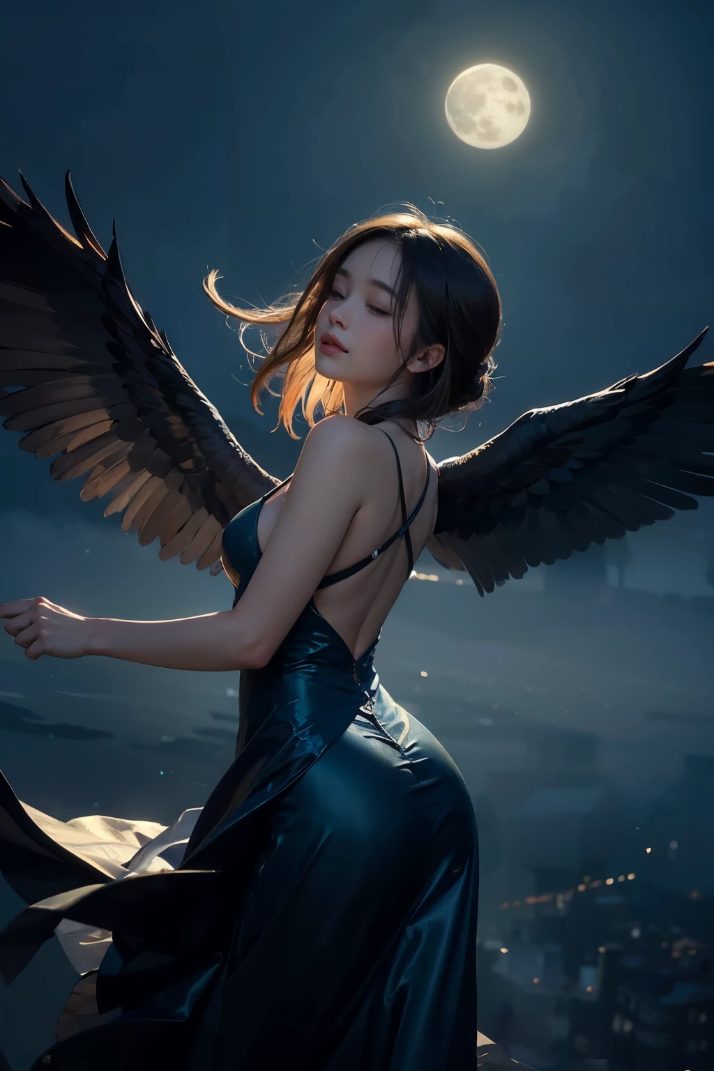 Woman on her back with wings, arms raised upwards, with high definition, super realistico