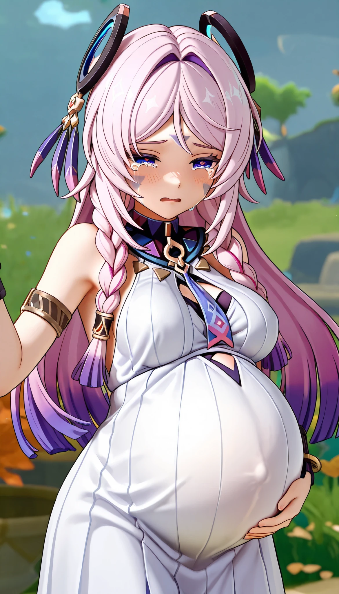 Citlali_(Genshin Impact), pregnant, crying, wearing white dress
