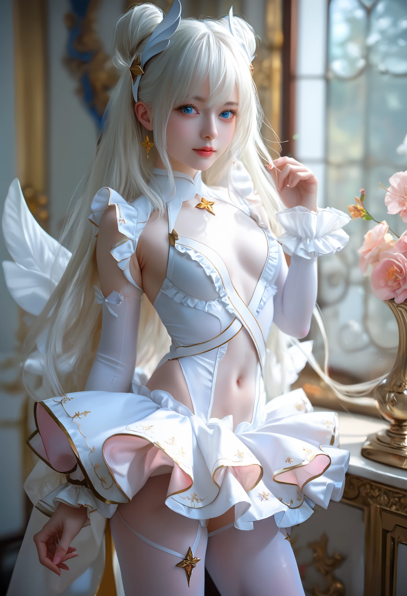 Photorealistic , white skin , ,Ctianmus3, +_+, blue eyes, short dress, white pantyhose, detached sleeves, clothing cutout, navel, frilled sleeves,whole body視圖.( stands,whole body:1.7),