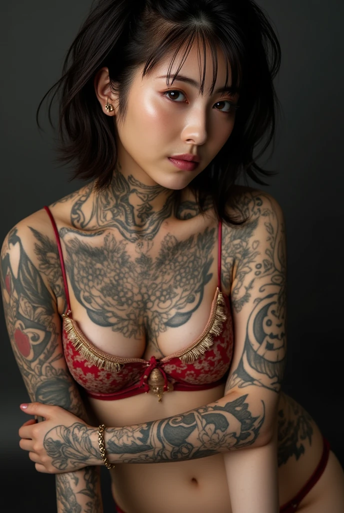 there is a woman posing in a dark room with a maroon t-shirt covered her belly and red thight skirt, thick body, beautiful thick female, wide hips, thick legs, she has a jiggly fat round belly, thick thighs, curvy hourglass figure, thicc, curvy model, widest hips, hyperrealistic full figure, bbwchan, voluptuous body, thick, tattooed body, tattooed hands, tattooed arm, ((Chubby woman:1.lump woman:1.3)), full body , ((Detailed texture of tattooed skin)), tattoo round breasts, irezumi tattoo style, tattoo on breasts, tttattoo, showing her thigh , tattoo on thigh, a close up of a woman with tattoos on her body, inked, tattooed body, fully tattooed body, tattooed, full-body tattoos, full - body tattoos, , full body tattoo, with tattoos, , tattoos, tattoos all over the skin, tattoos and piercings