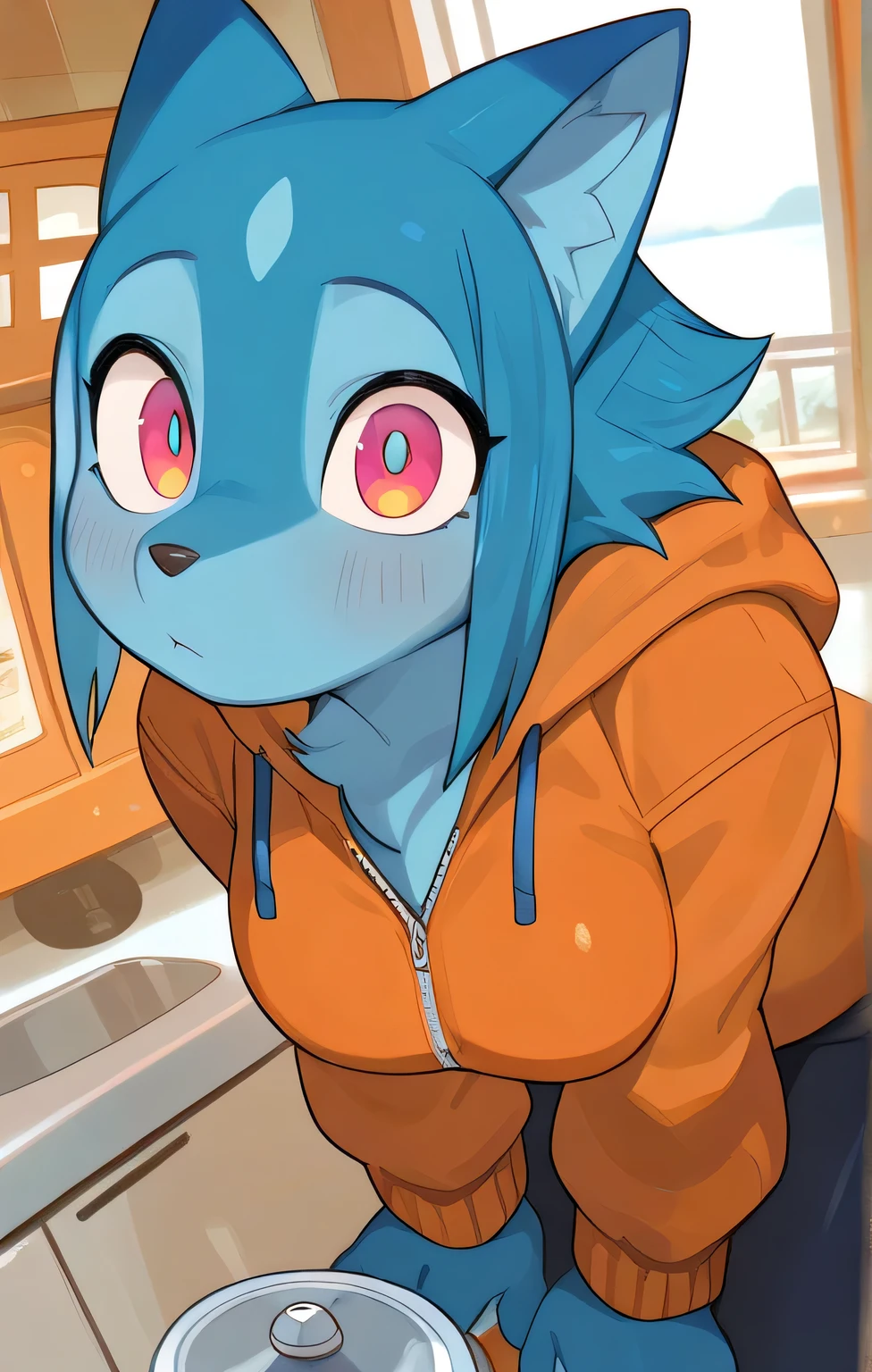 in, top quality with beautiful eyes, masterpiece、 anime、female furry、 The Blue Beast、 orange jacket、 marine biologist 、Inside a submersible 、income