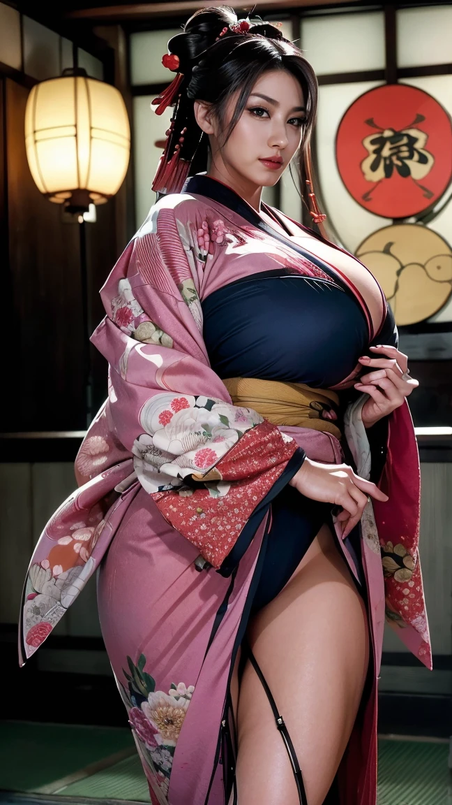 (Japanese Idols, 1 girl, Unparalleled beauty, Seduce, smile, Small face, Perfect Style, Body based on human mechanics, RAWphotograph, Real person:1.4) photograph, (Professional Lighting), (((Very detailed^_^Face))), ((double eyelid)), (Boobs Sharp Focus:1.4), (Brown Hair, ponytail, Elegant light make-up, eyeliner, mascara:1.4), Huge breasts, Beautiful smooth skin, Soft Skin, 20-year-old, ((slender body)), (A pale pink kimono with the shoulders off and lifted up, No bra, I can see her cleavage, Tifa Lockhart:1.4), 魅力的Face, NSFW, 