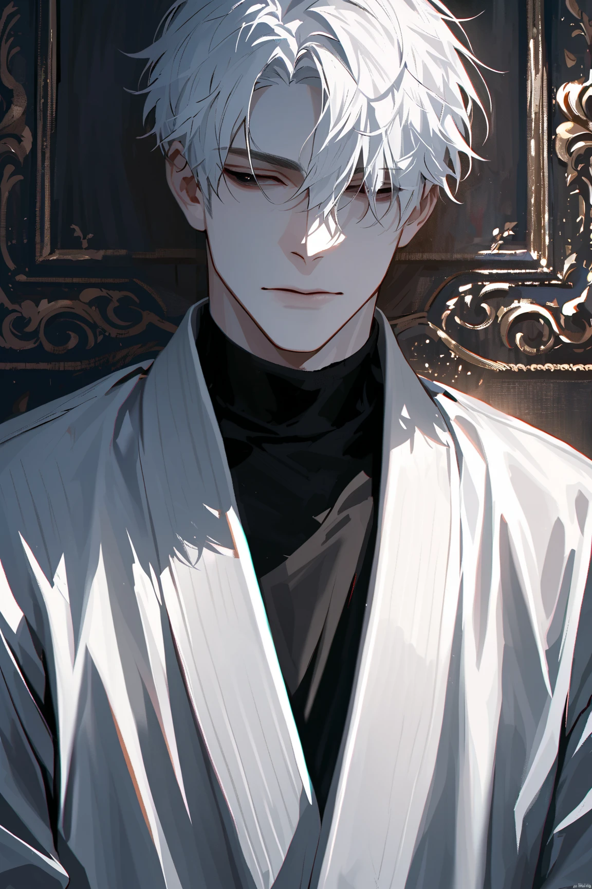 impasto, short hair, masterpiece, best quality, 1 man , white hair , perfect face , black eye , handsome male , Alone, pale skin , adult male , upper body , delicate line drawing,Extremely detailed , a faint smile, black turtleneck