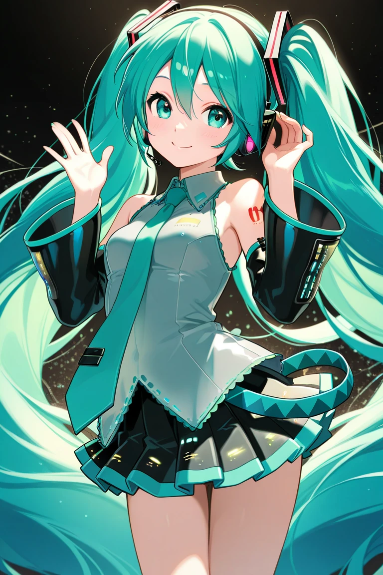masterpiece, best quality, highres, (absurdres:1.2), 
1girl, full body, smile, open mouth, looking at viewer, hatsune miku, 
 <lora:cosplays_style_v01:0>