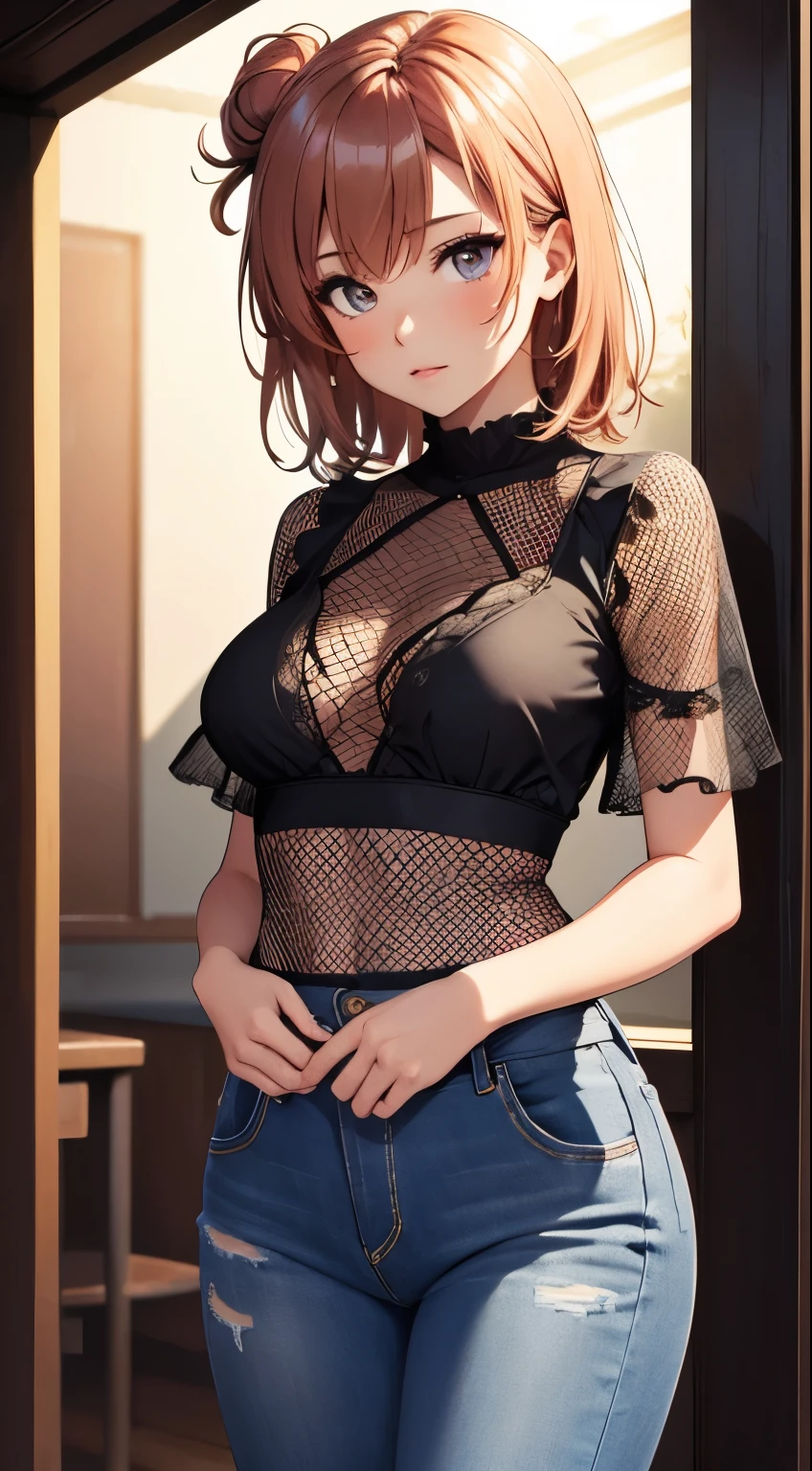 1girl, solo, masterpiece, best quality, high res, highly detailed, illustration, beatiful detailed eyes, yuigahama yui, single hair bun, glossy lips, light makeup, standing, t-shirt, (fishnet), cleavage, (full body)