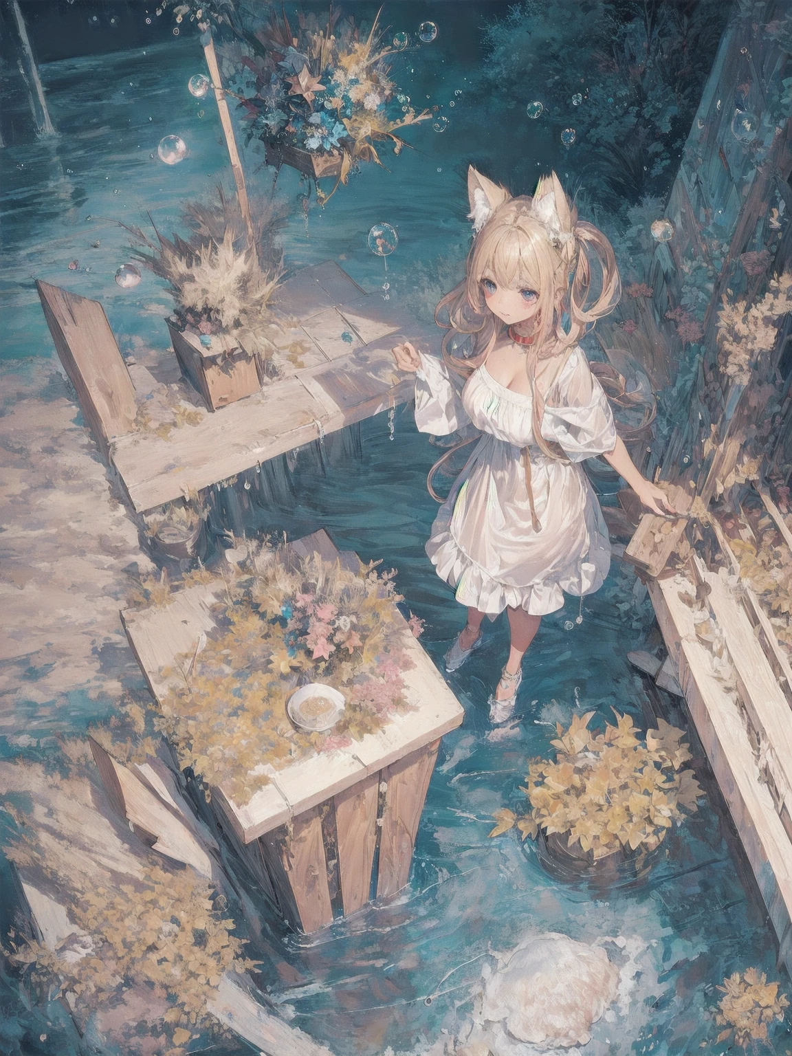 ( masterpiece), ( highest quality), ( super precise),( disheveled hair),( Illustration of ), ( 1 girl), (( striped hair)),  silvery long hair,  pink eye,  fox ears,  , ( highly fashionable clothes),  standing, Fashion Models, watch viewers, (Interview), ( simple background ), ,  beautiful detailed eyes , has a delicate and beautiful face,floating,(  high chroma),( colorful splashes), Colorful Bubbles ,(Shine), focus on faces,