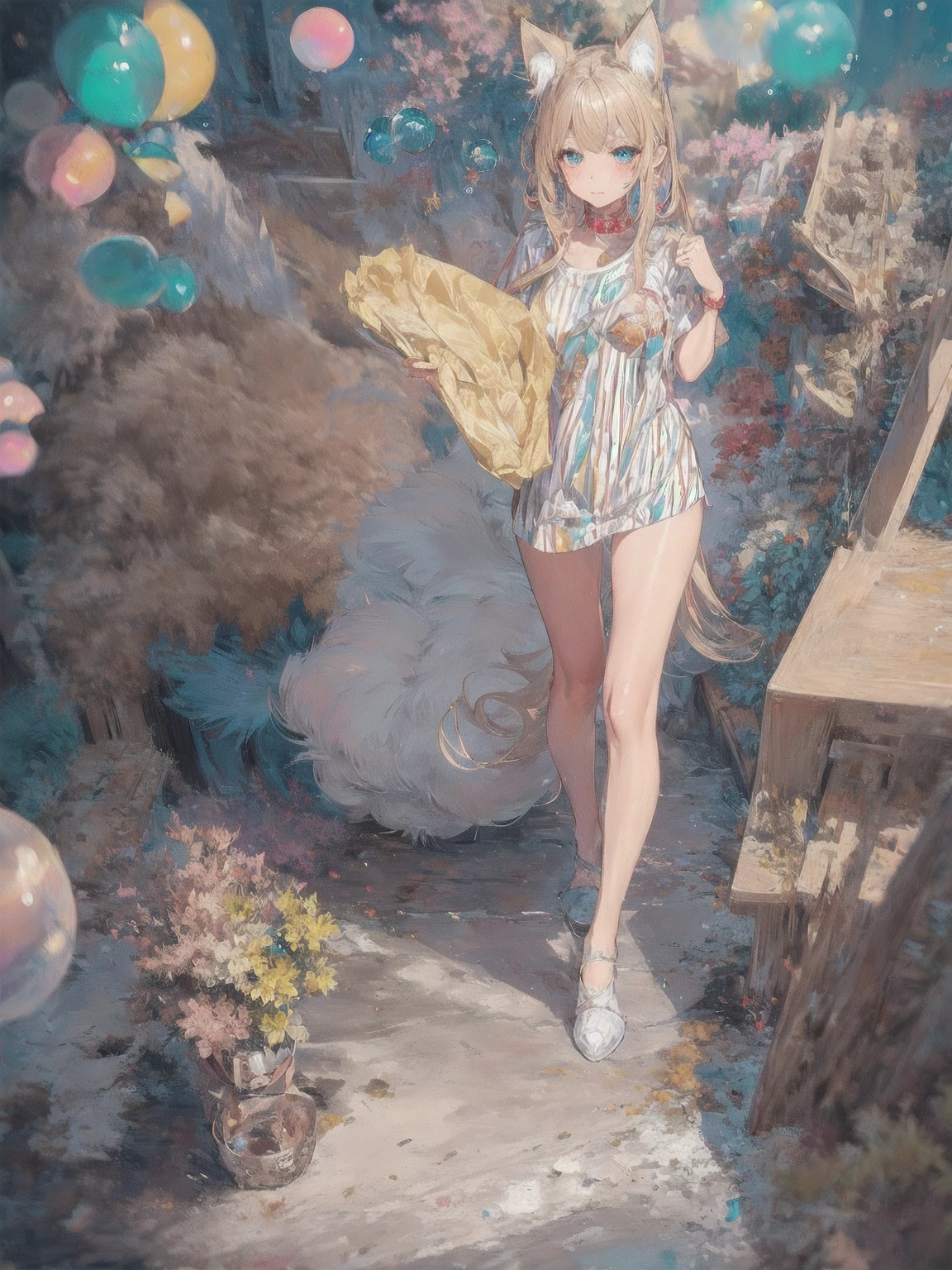 ( masterpiece), ( highest quality), ( super precise),( disheveled hair),( Illustration of ), ( 1 girl), (( striped hair)),  silvery long hair,  pink eye,  fox ears,  , ( highly fashionable clothes),  standing, Fashion Models, watch viewers, (Interview), ( simple background ), ,  beautiful detailed eyes , has a delicate and beautiful face,floating,(  high chroma),( colorful splashes), Colorful Bubbles ,(Shine), focus on faces,
