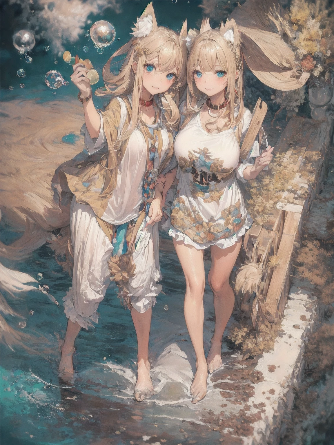 ( masterpiece), ( highest quality), ( super precise),( disheveled hair),( Illustration of ), ( 1 girl), (( striped hair)),  silvery long hair,  pink eye,  fox ears,  , ( highly fashionable clothes),  standing, Fashion Models, watch viewers, (Interview), ( simple background ), ,  beautiful detailed eyes , has a delicate and beautiful face,floating,(  high chroma),( colorful splashes), Colorful Bubbles ,(Shine), focus on faces,