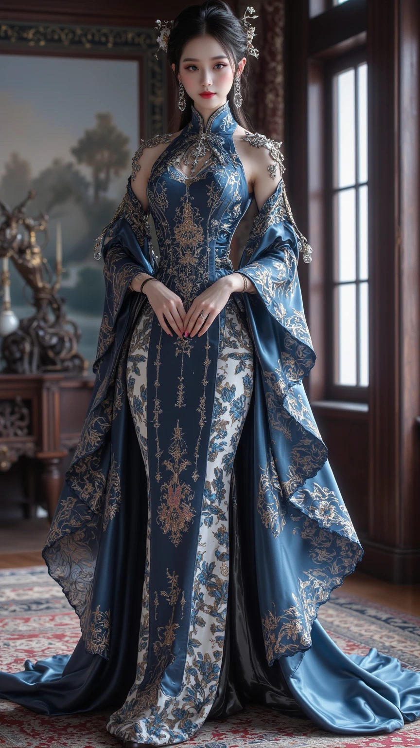 4K ultra hd, masterpiece, a cute girl, good face, detailed eyes, liquid lipstick, long hair, spreading hair, necklace, beaeutiful dress, long dress, marriage dress, dark blue color, high lights, light effects, shining, realistic background, nature background, flowers, sitting, whole body capture,