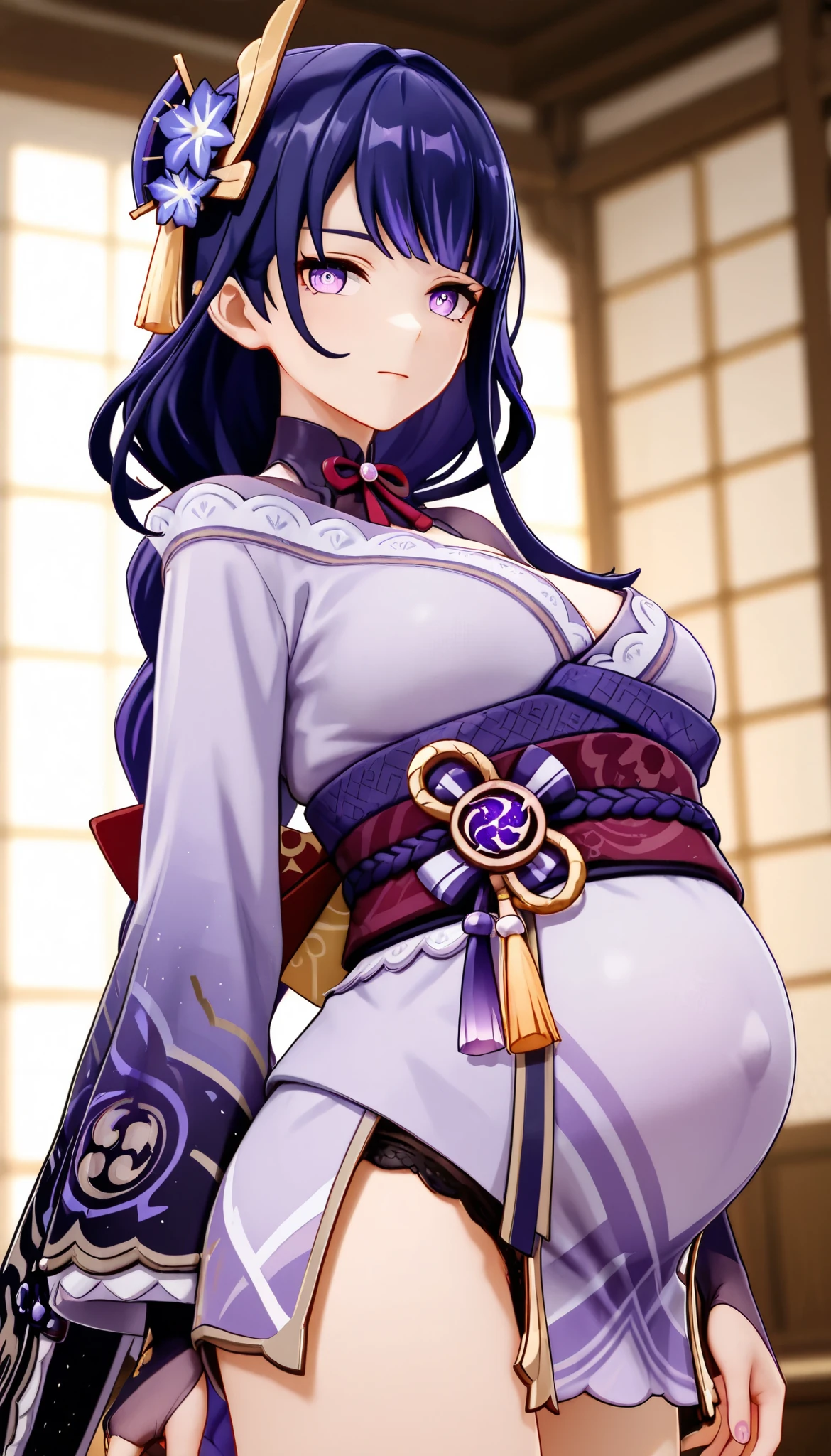 Raiden Shogun_(Genshin Impact), pregnant, wearing purple kimono