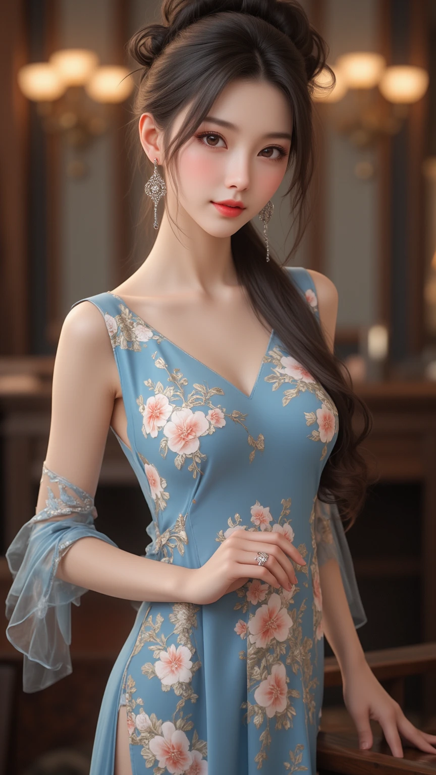 (masterpiece、highest quality、highest quality、official art、beautiful beautiful:1.2)、(1 girl:1.3)、smile gently、very detailed、(fractal art:1.1)、(colorful:1.1)(Floral:1.3)、most detailed、(tangled:1.2)、beautiful face、detailed face、perfect proportions、burst chest、big breasts thin waist、belly button、big ass、gap between crotches、thick tight、(dynamic pose)、(abstract background:1.3)、(qipao dress:1.2)、(shiny skin)、(lots of colors:1.4)、、(earrings:1.4)、1 female