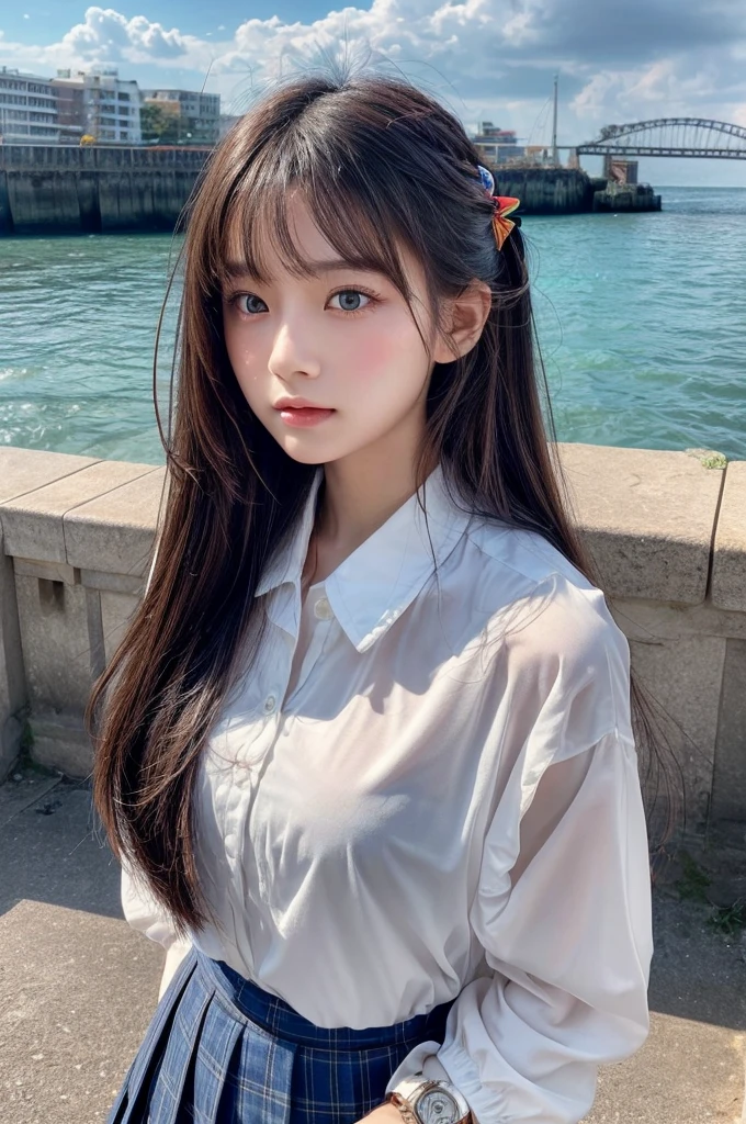 Sunburn marks on tanned skin、blush、Multicolored hair color、Bangs on the face、Bangs between the eyes、Super long hair、Beautiful bright transparent light blue big eyes that are charming and shining、Cute looks and a cute 16-year-old、A strong wind blows my hair in front of my face、Beautiful big sparkling eyes, Cute eyes hidden by long bangs、Yawn、No visible nasolabial folds、A short, light-colored miniskirt、A cute and colorful summer shirt、Korean Beauty、Dark blush on the cheeks