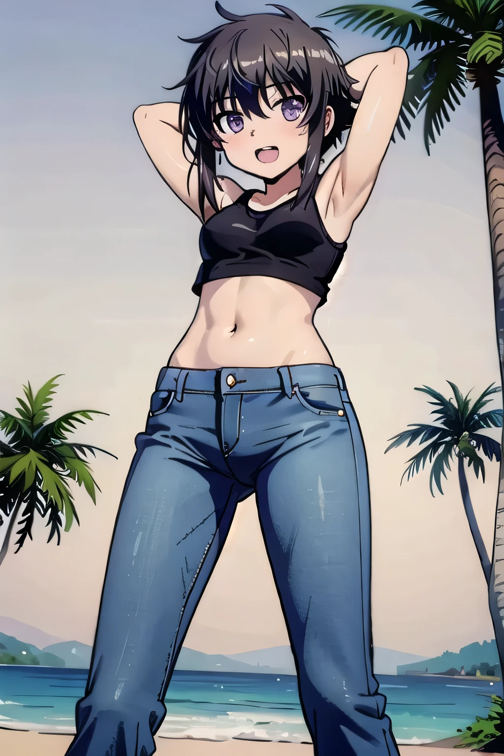 masterpiece,best quality,ultra detail, ((Perfect Face, Perfect Arms, Perfect hands, Perfect Fingers)), 1girl, , petite, ((round face, ecstasy, orgasm face, drooping eyes, shame smiling, blush)), dropping eyes, sleepy, Open mouth, ((White teeth)), background((under the beach, (day:1.2), palm tree, bright sky)), Kitayama Shizuku, black hair,short hair with long locks,short hair,sidelocks,purple eyes,bangs, ((arms behind head, hands behind head, fingers behind head)), ((contrapposto)), spread armpits, looking at viewer,, (white tank top:1.2), (white crop top:1.2), (jeans pants:1.2, flares jeans:1.2, skinny jeans:1.2, blue jeans:1.2), standing, (legs spread:1.4), sex pose, Sweaty crotch, Steam from the crotch, from below, whole body